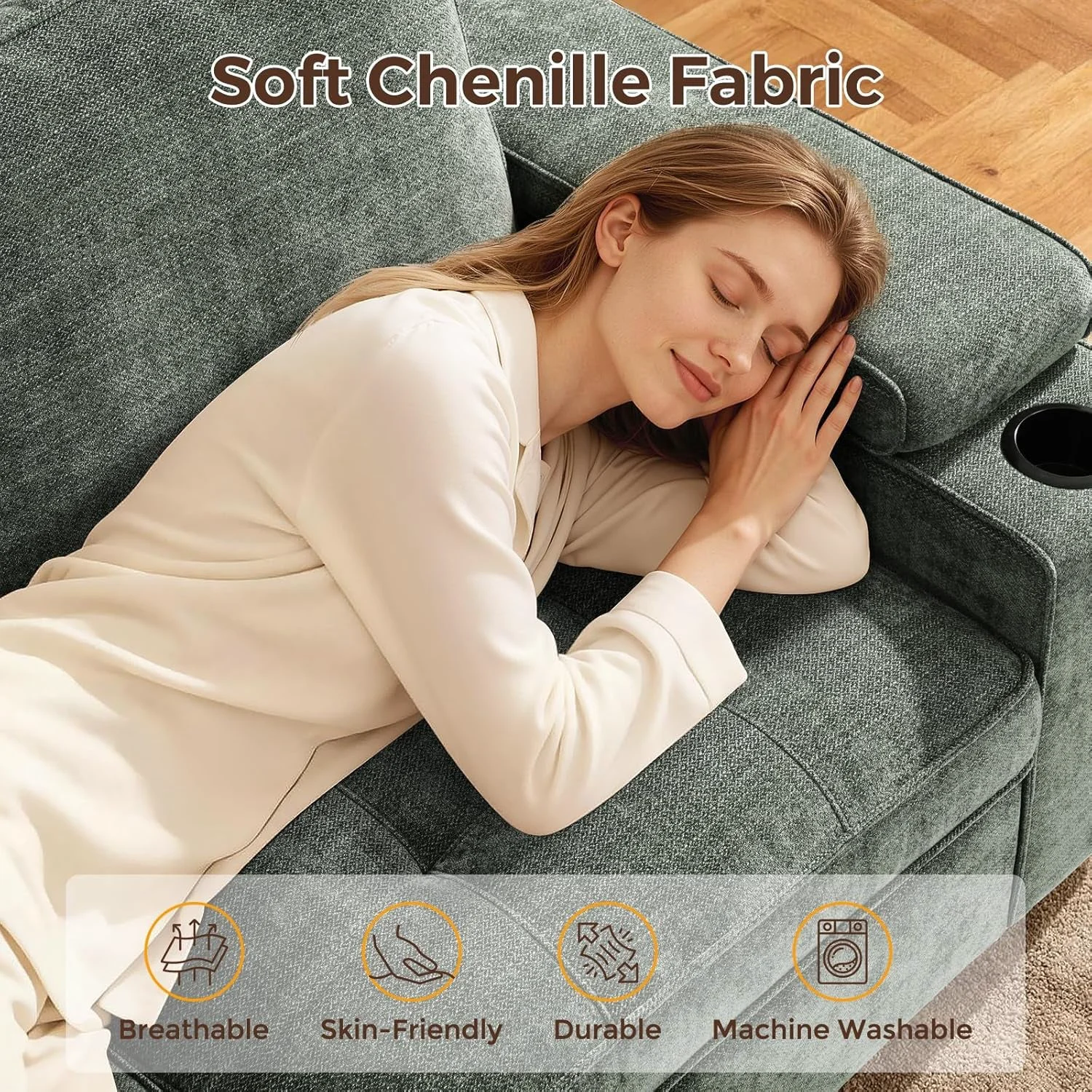 Innovative Green Chenille Loveseat With USB Ports Cupholder Storage Advanced
