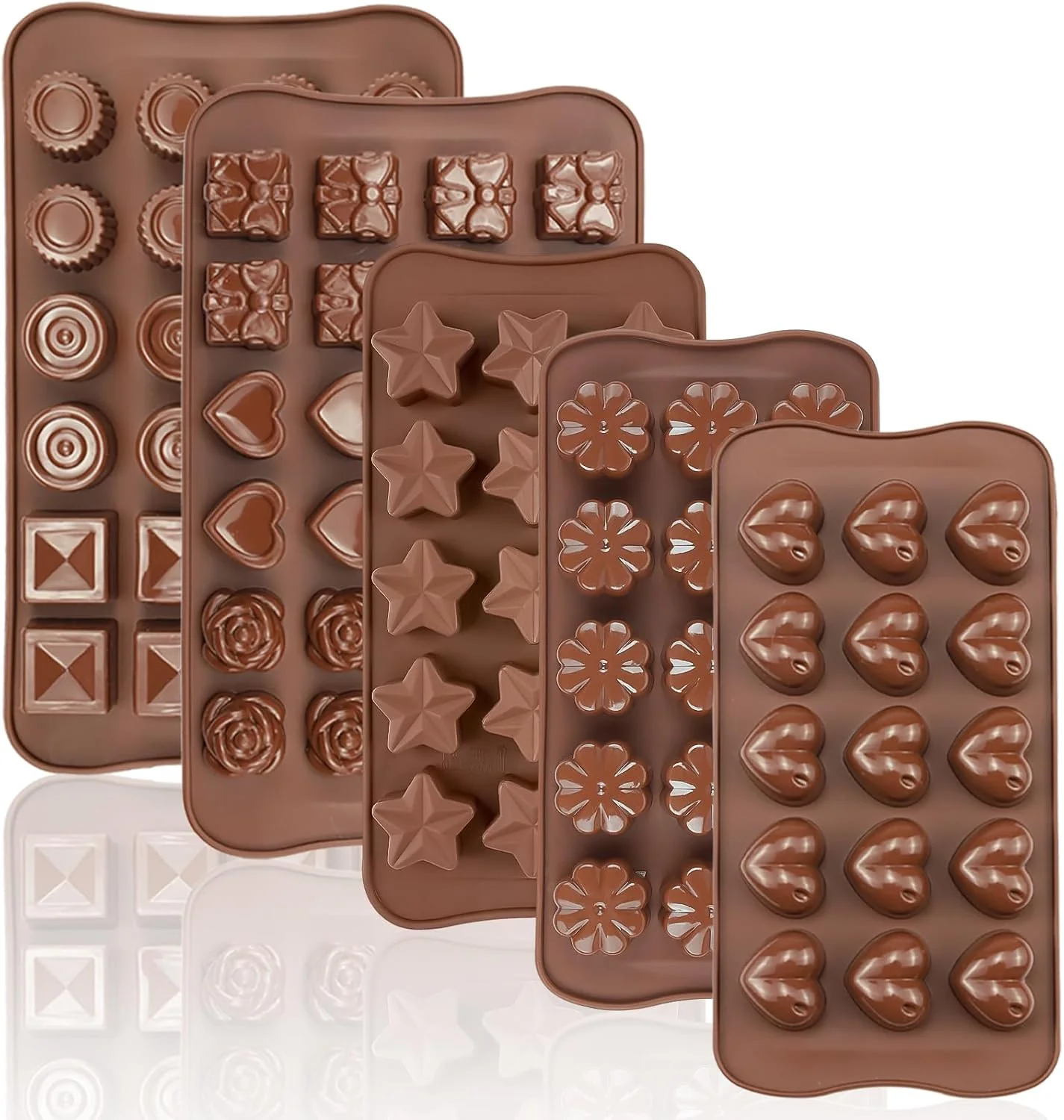 Healthy Joersh 5PCS Silicone Chocolate Molds for Candy Fat Bombs Snacks Truffles 9 Shapes 93 Cavities Candle Soap Wax Melts Mold Square Round Heart Pure