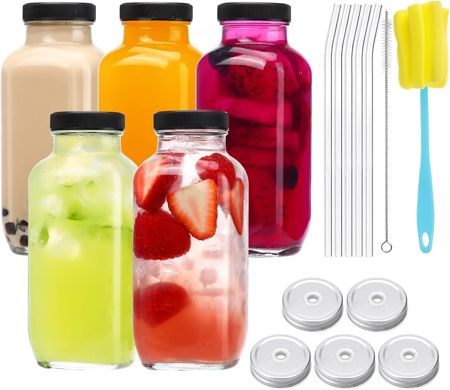 Exclusive Cucumi 5pcs 16oz Glass Juice Bottles with Lids Reusable Juice Containers Drinking Jars Water Cups with Brush Glass Straws Lids with Hole Modern