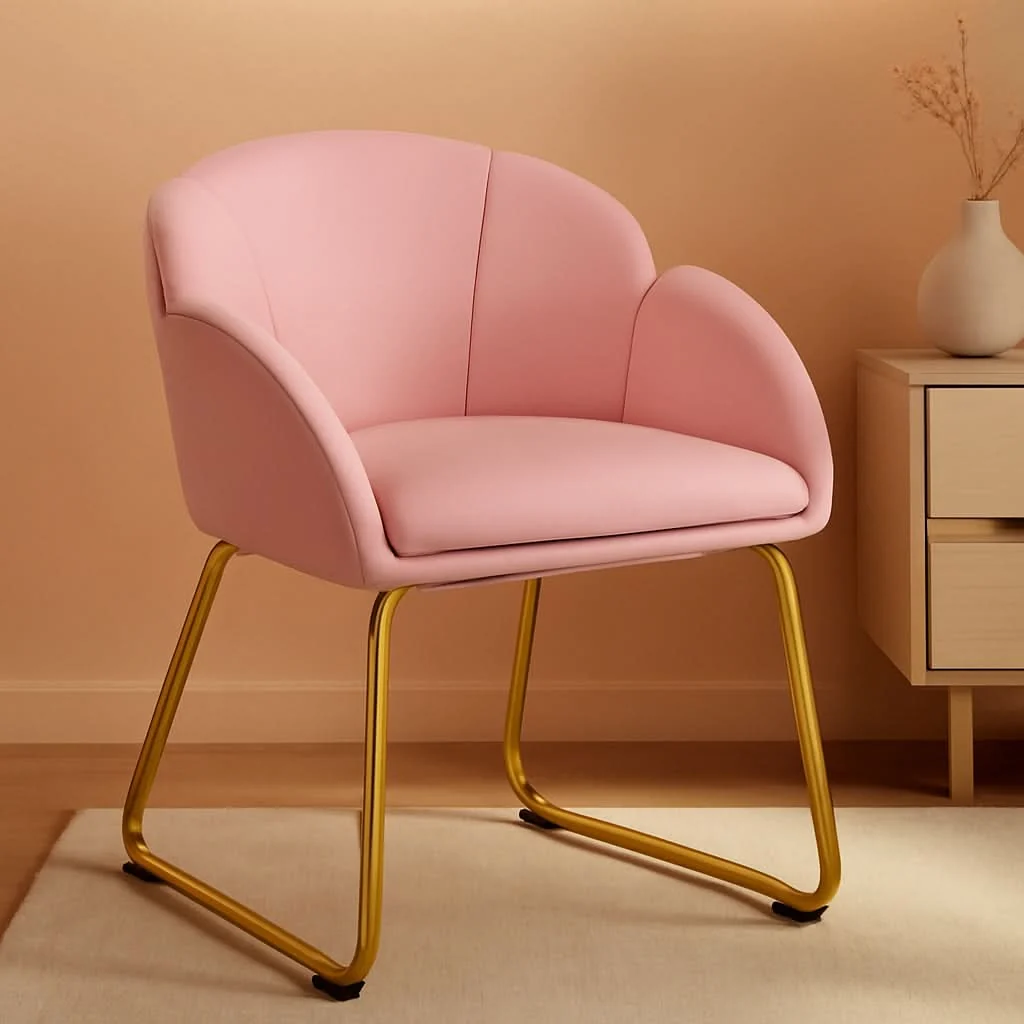 Fashionable Modern PU Leather Armchair Flower With Golden Legs Pink Genuine