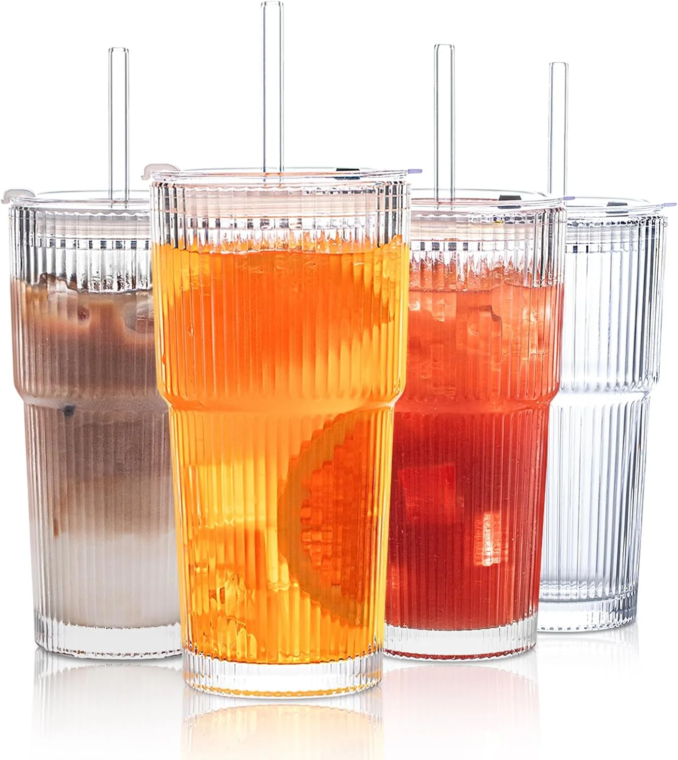 Fast Insetlan 20 oz Ribbed Glass Tumblers with Lids and Glass Straws – 4-Piece Glassware Set Thickened Glass I for Iced Coffee Smoothies Cocktails Fashionable