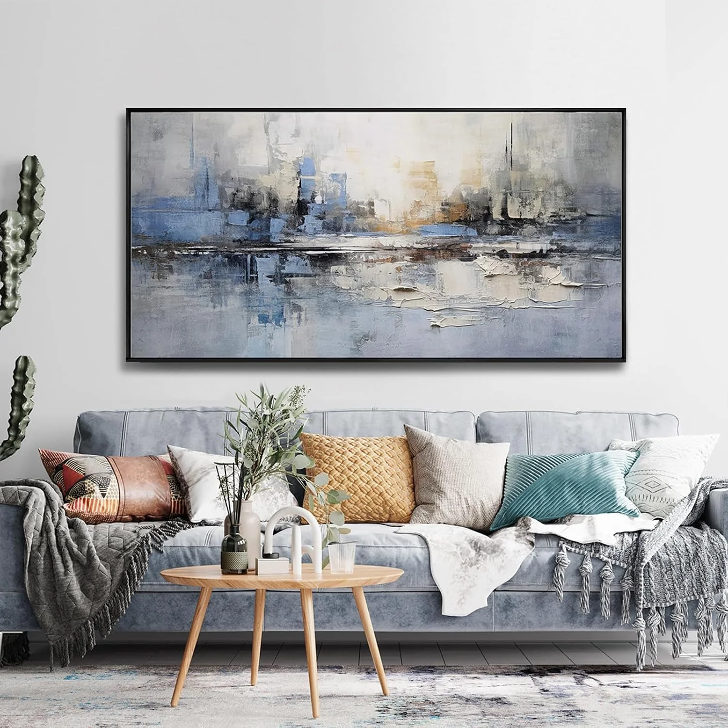 Refined Blue Gray GalleryStandard Canvas Framed WallArt 20×40 Casual