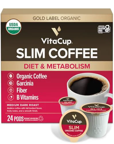 Fine Slim Organic Medium Dark Roast Coffee Pods for Diet Support 24 Count Pure