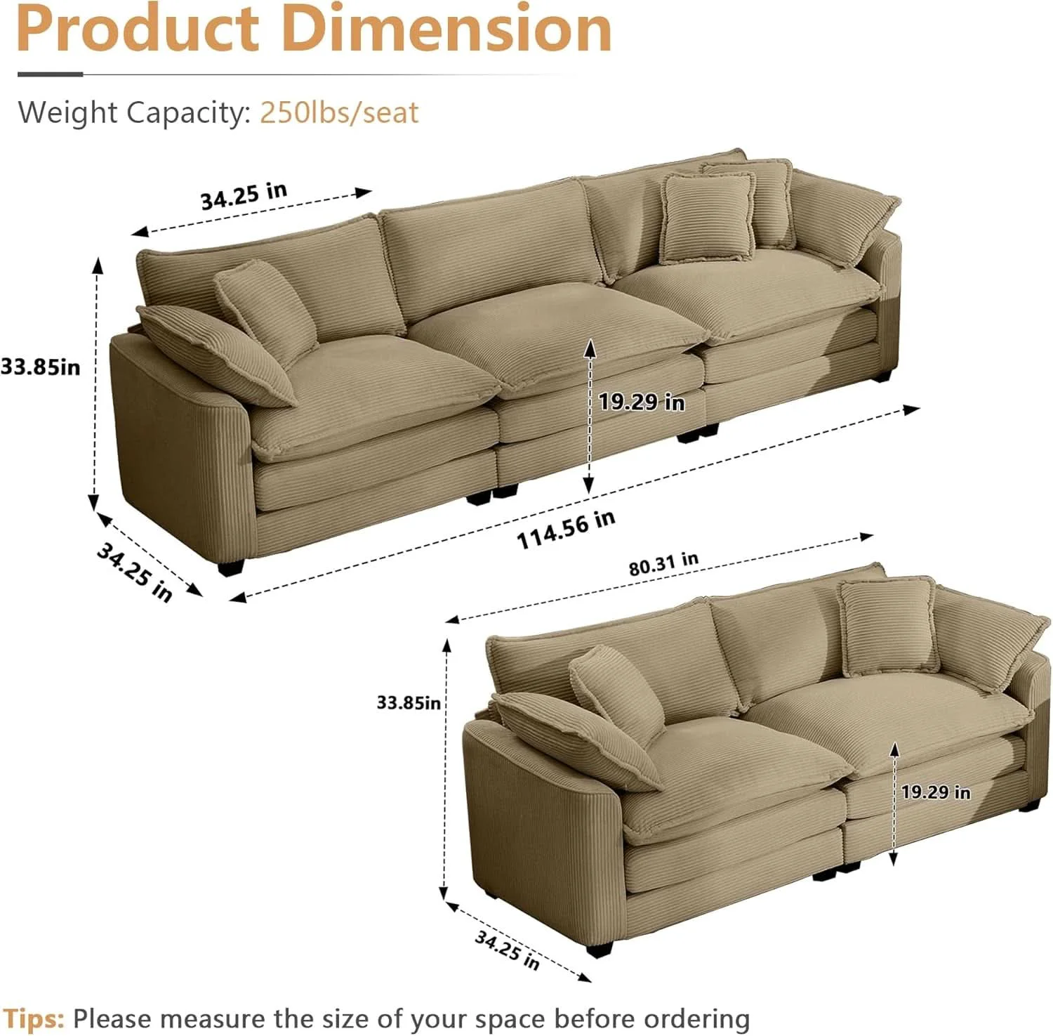Refined Oversized 2 Piece Sofa Set Camel 3 Seater And Loveseat Durable
