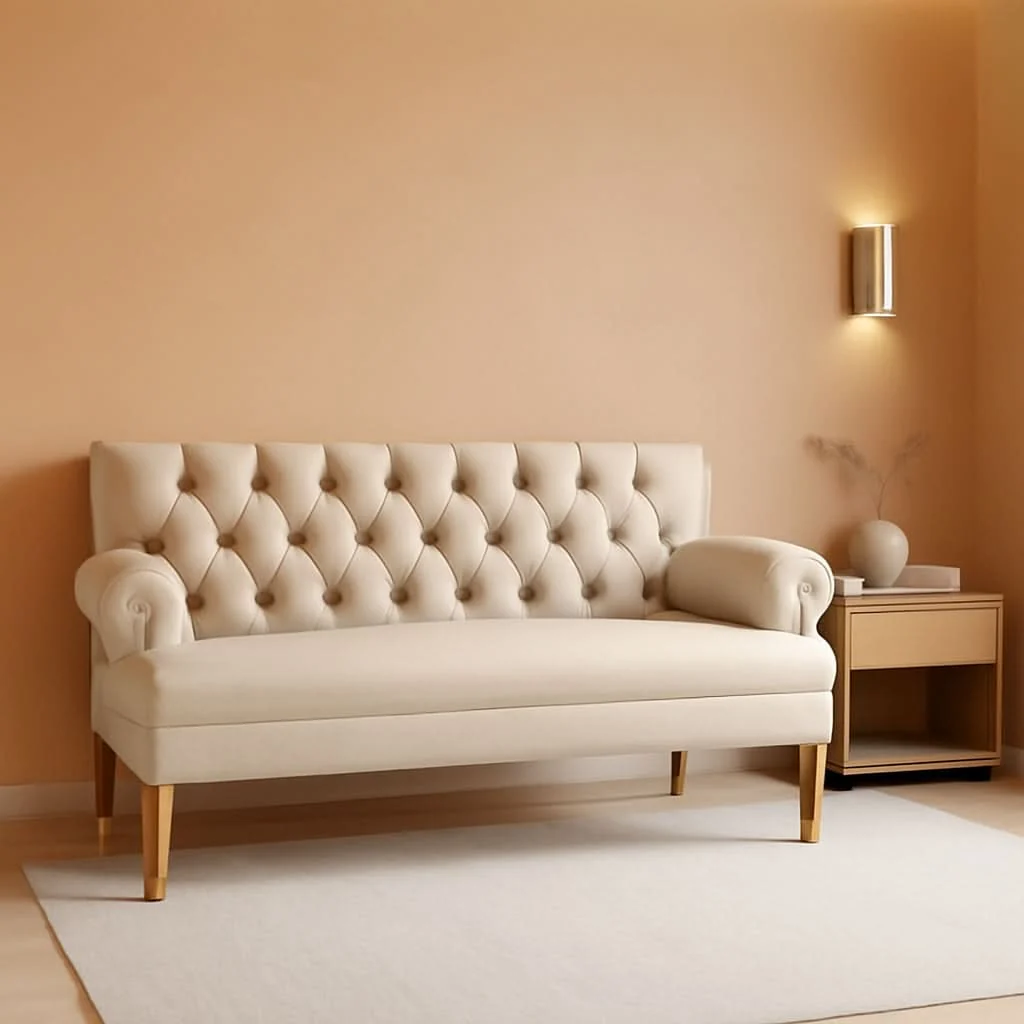 Trendy Warm Beige Tufted Loveseat Sofa Set With Rolled Arms And Linen Fabric Comfortable