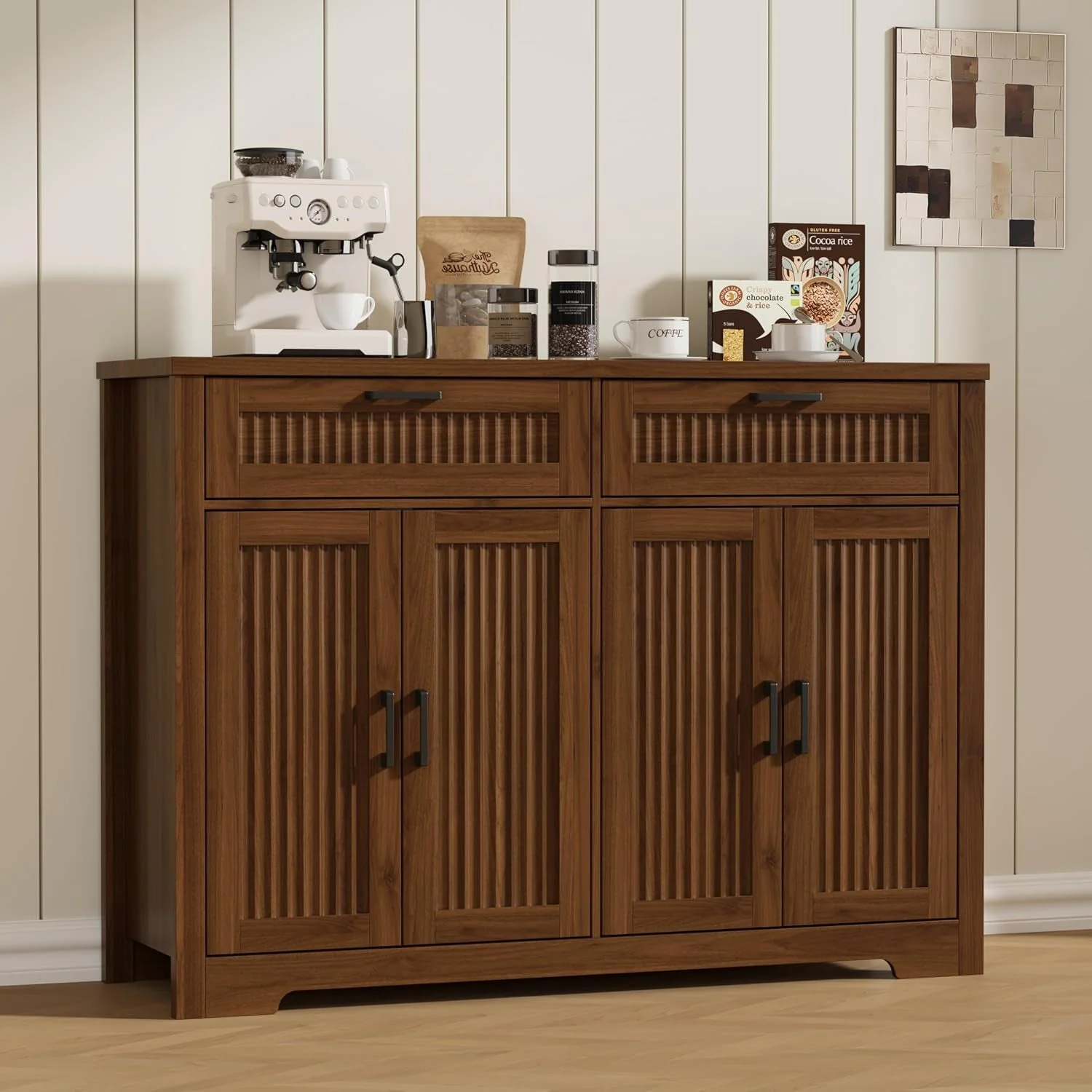 Pure Farmhouse Fluted Walnut Sideboard Cabinet With Drawers Safe