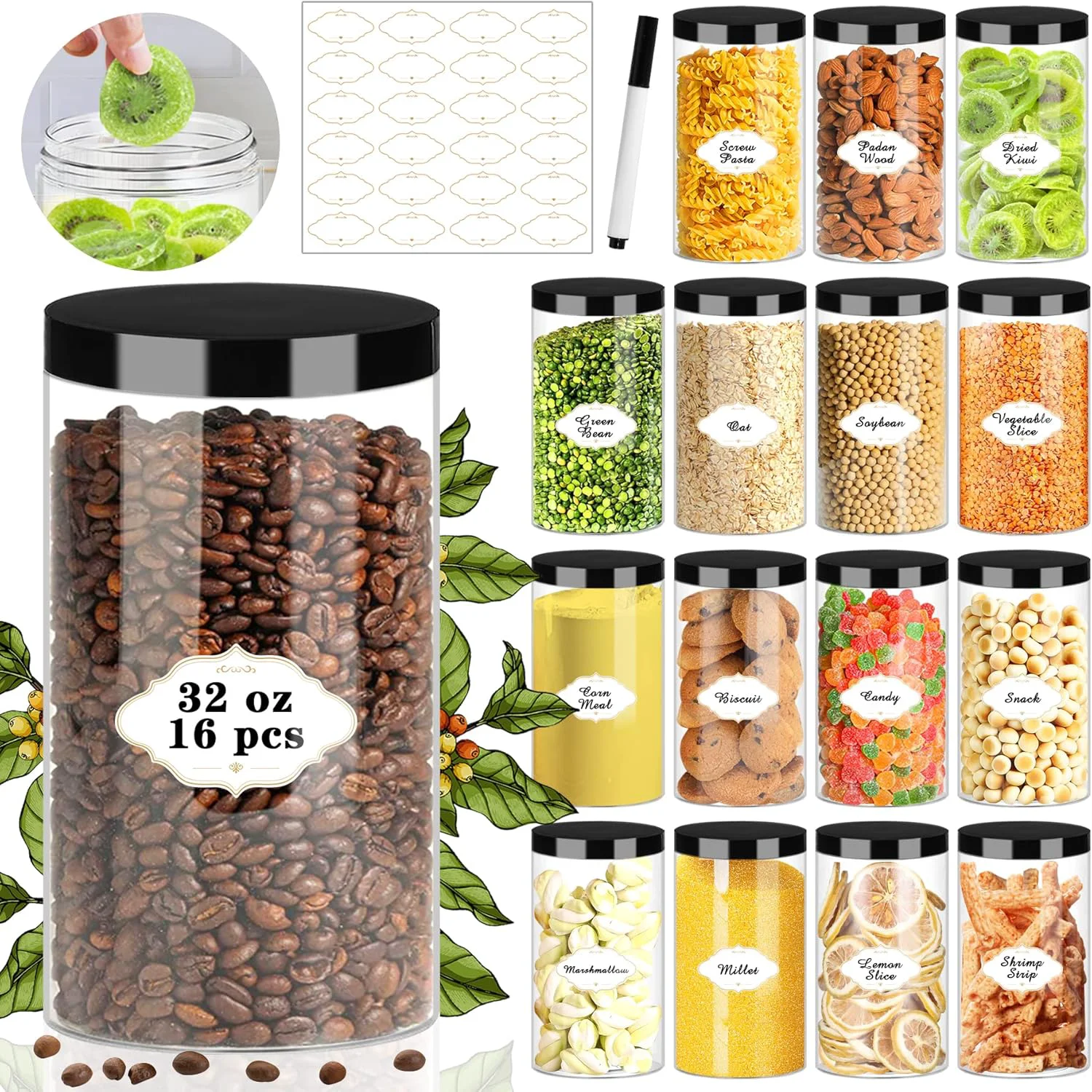Premium Plastic Jars with Lids 16 Pcs 32 OZ Large Plastic Storage Jars with Black Leakproof Lids Cylinder Plastic Storage Container Jar Reusable Clear Empty Easy-to-Use