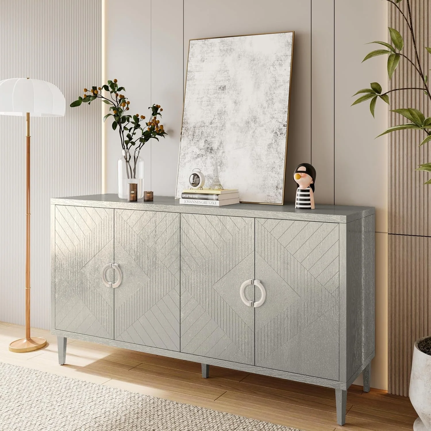 Classic Contemporary 60 Inch Silver Sideboard Buffet Cabinet Prestigious