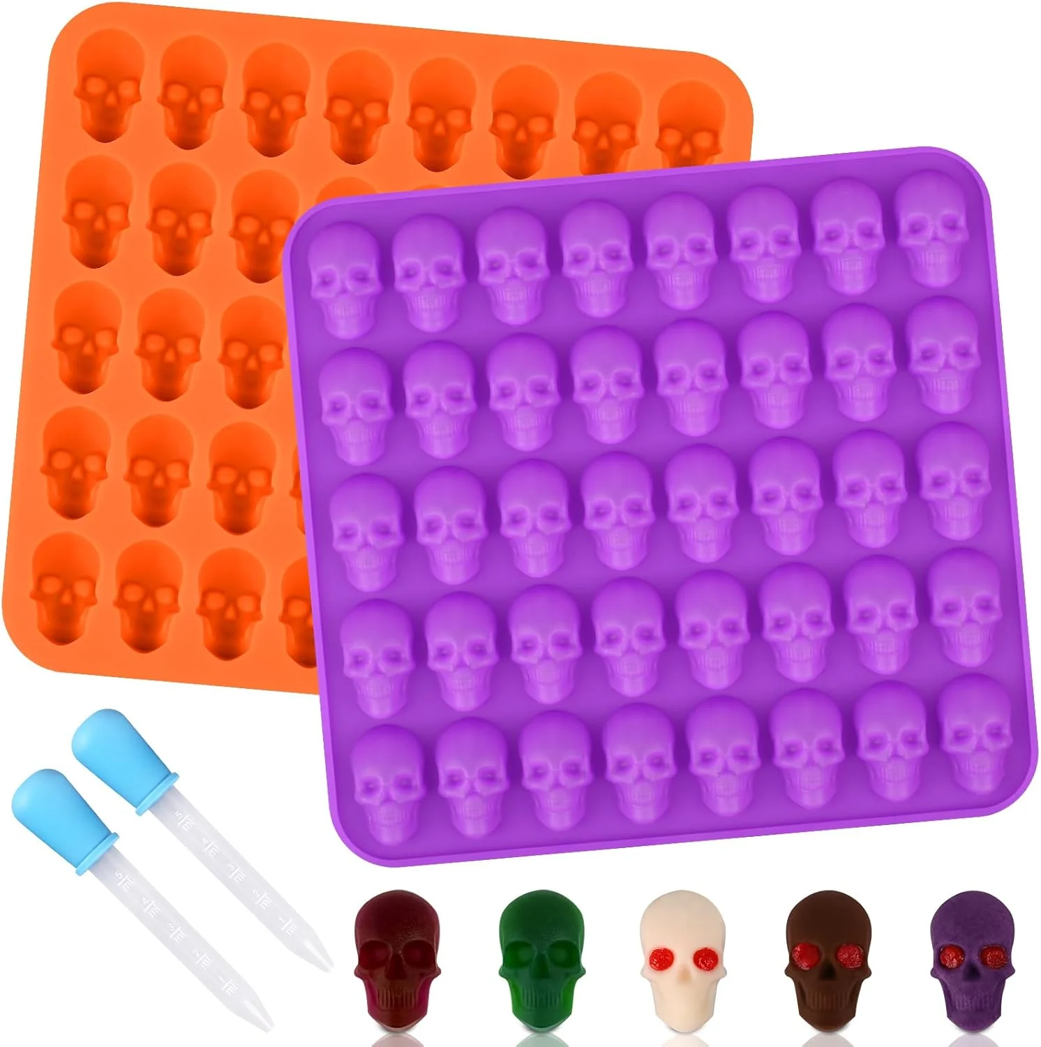 Contemporary Sakolla 2 Pack Gummy Skull Candy Silicone Molds 40 Cavity Silicone Skull Molds with 2 Droppers for Halloween Chocolate Candy Jelly Wax Melt Consistent