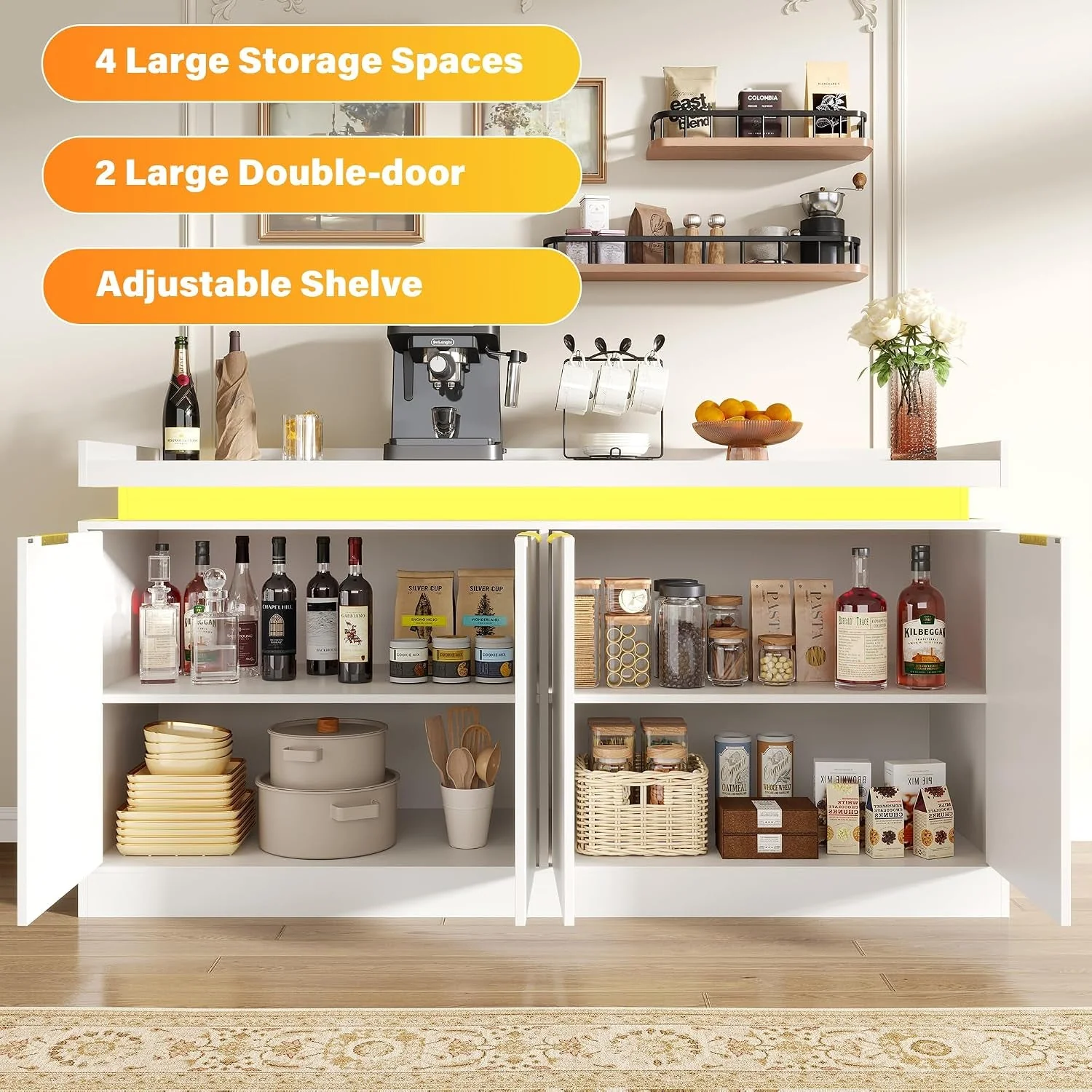 Easy-to-Use Contemporary White 63 Inch Led Kitchen Sideboard Solid