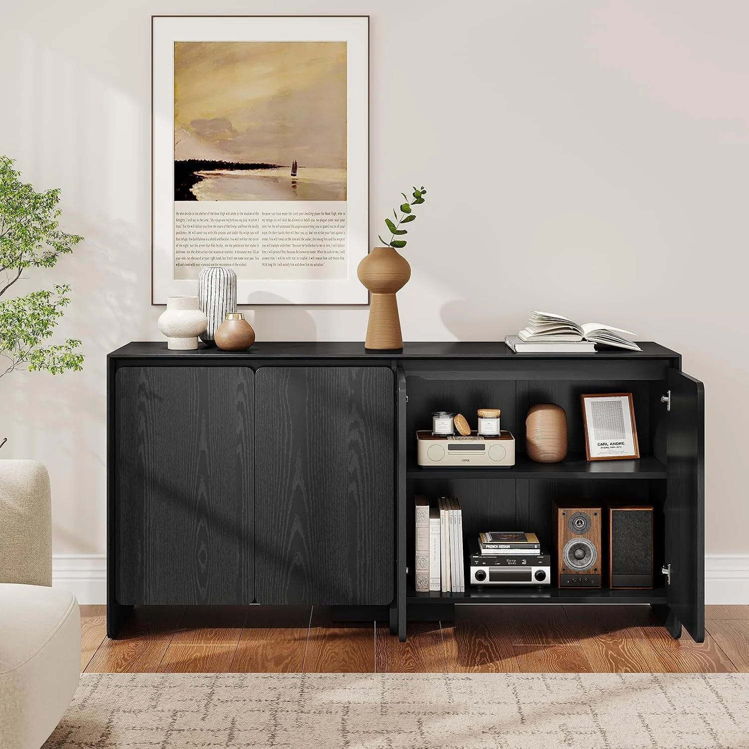 Premium Contemporary 63 Inch Black Sideboard Buffet Cabinet Reliable