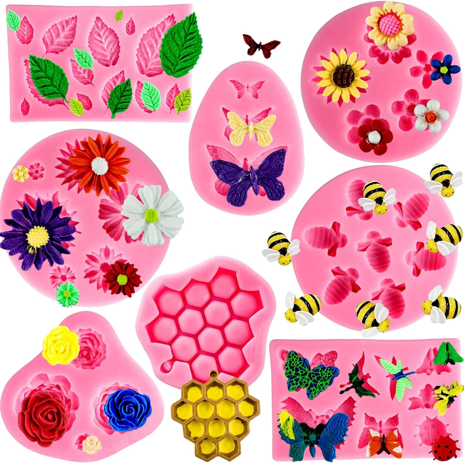 Superior Silicone Mold Flower 8pcs Chocolate Fondant Polymer Clay Candy Gummy Mold Rose Leaf Butterfly Bee Honey Shaped Silicone Molds for DIY Cake Cupcake First-Class