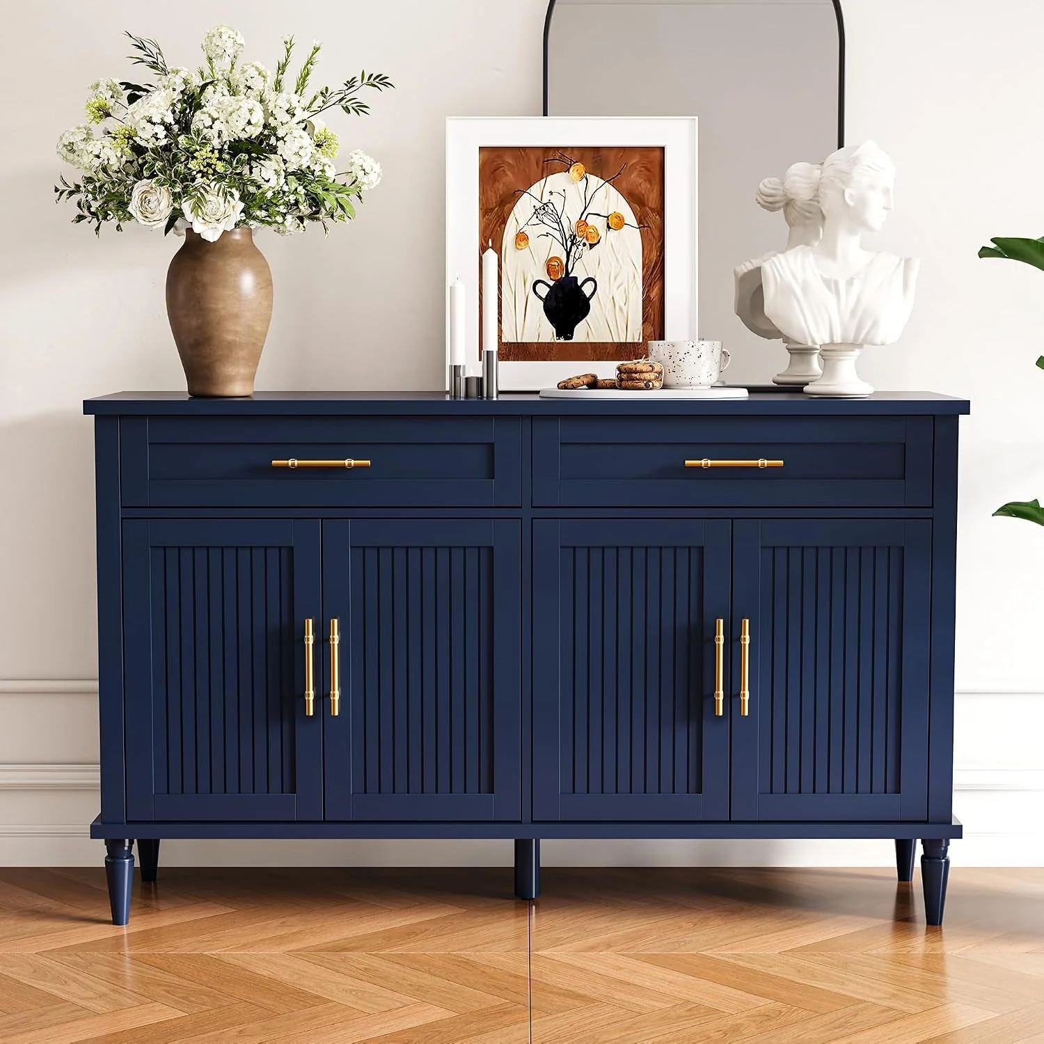 Environmentally Friendly Contemporary Blue Fluted Sideboard Buffet Cabinet Storage Genuine