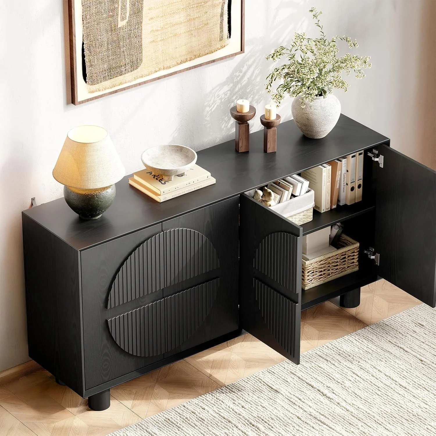Smooth Black Fluted Buffet Cabinet With Storage Compartments Crafted