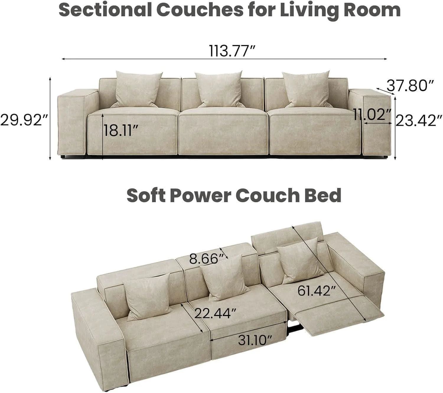 Optimized Modular Sectional Sofa With Velvet Beige Finish Recliner Compact Layou Efficient