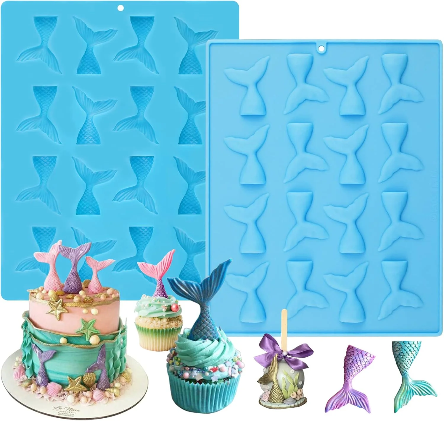 Natural Sakolla 2 Pack Mermaid Tail Molds Mermaid Molds for Chocolate Cake Decoration Candy Cupcakes Resin Gummies Blue Practical