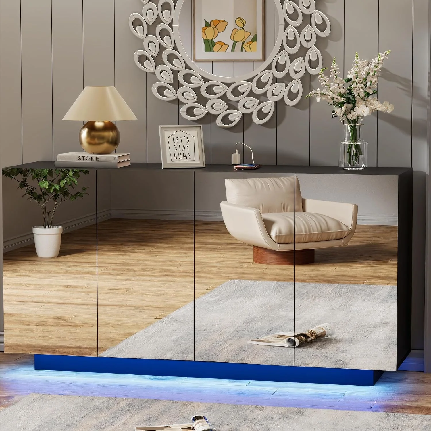 Contemporary Black High Gloss Buffet Mirror Storage LED Charging Comfortable