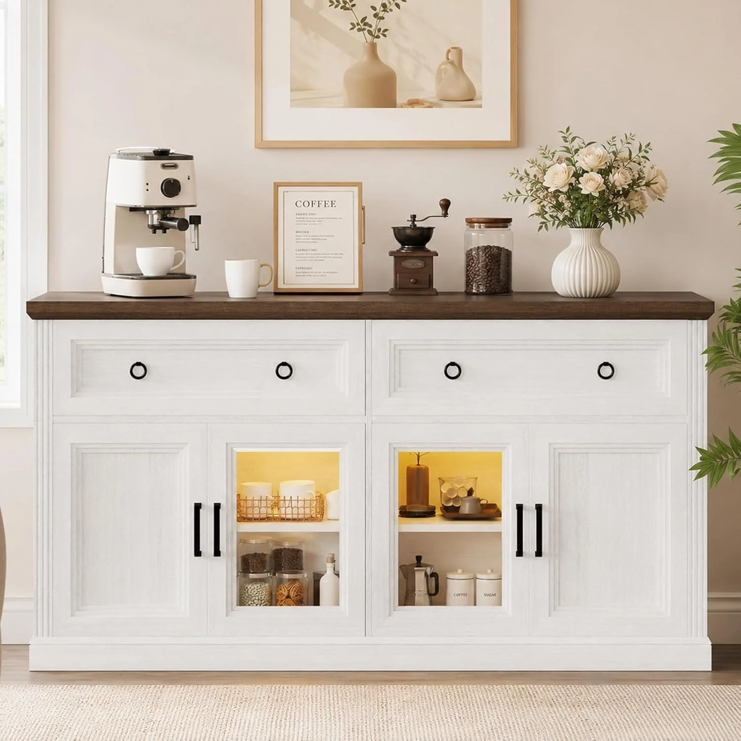 Luxury 63 Inch Antique White Multipurpose Sideboard Buffet Comfortable