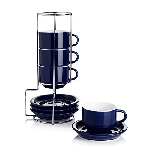 Long-Lasting 2.5 Ounce Porcelain Stackable Espresso Cups with Saucers and Metal Stand Set of 4 Luxury