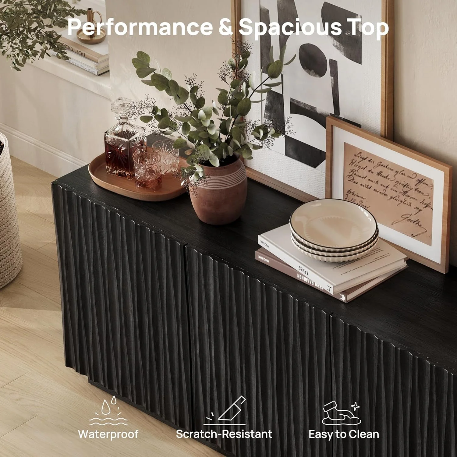 Detailed Minimalist Matte Black Fluted Mid Century Sideboard Selected