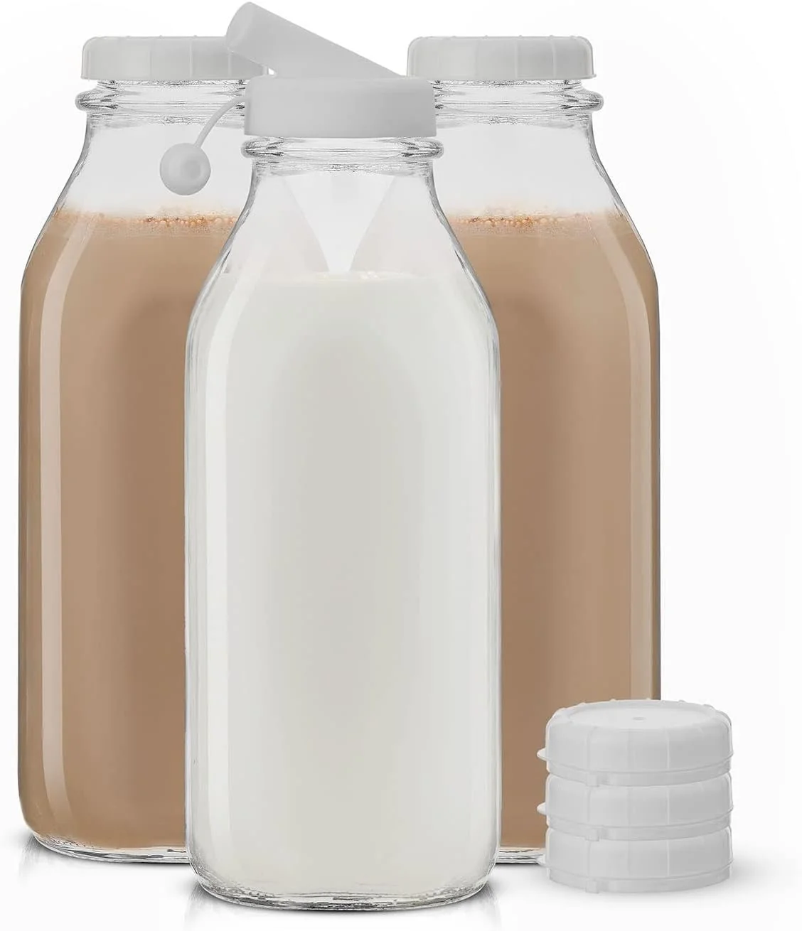 Pure JoyJolt Glass Milk Bottles with Lids and Pourer – 32 Oz 3 Pack Airtight Heavy Duty Reusable Glass Bottles Leakproof BPA- Food Grade Fast
