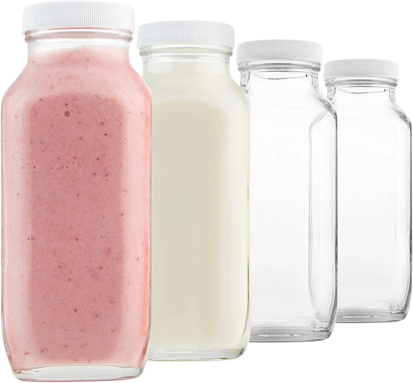 Proven kitchentoolz 16oz Glass Milk Bottles with Lids – 16 oz Reusable Glass Bottles for Milk Creamer Juice Smoothies Kefir amp Yogurt – Airtight Square Drinking Jars for Lunch Box amp Fridge – 4 Pack Casual