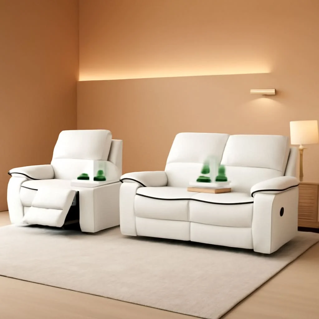 Certified Leather Recliner Sofa Set With Storage Console White Stylish