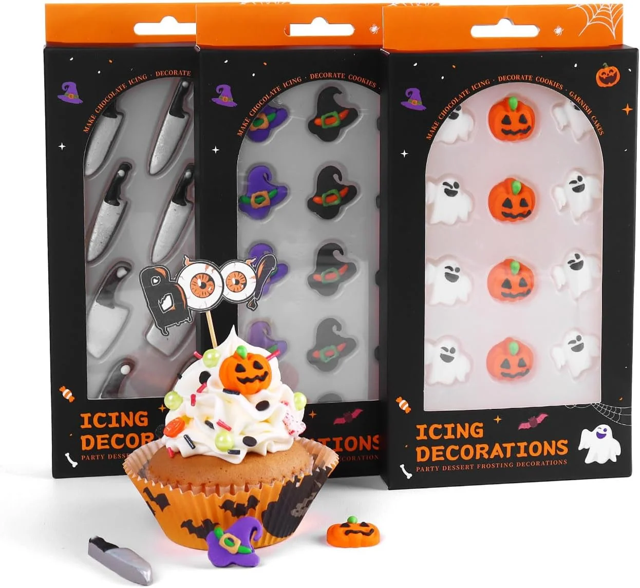 Minimalist Edible Halloween Cake Decorations Pumpkin Cupcake Toppers Ghost Cake Decorations Edible Knives Cupcake Toppers Witch Hats for Cake Decorating Flexible