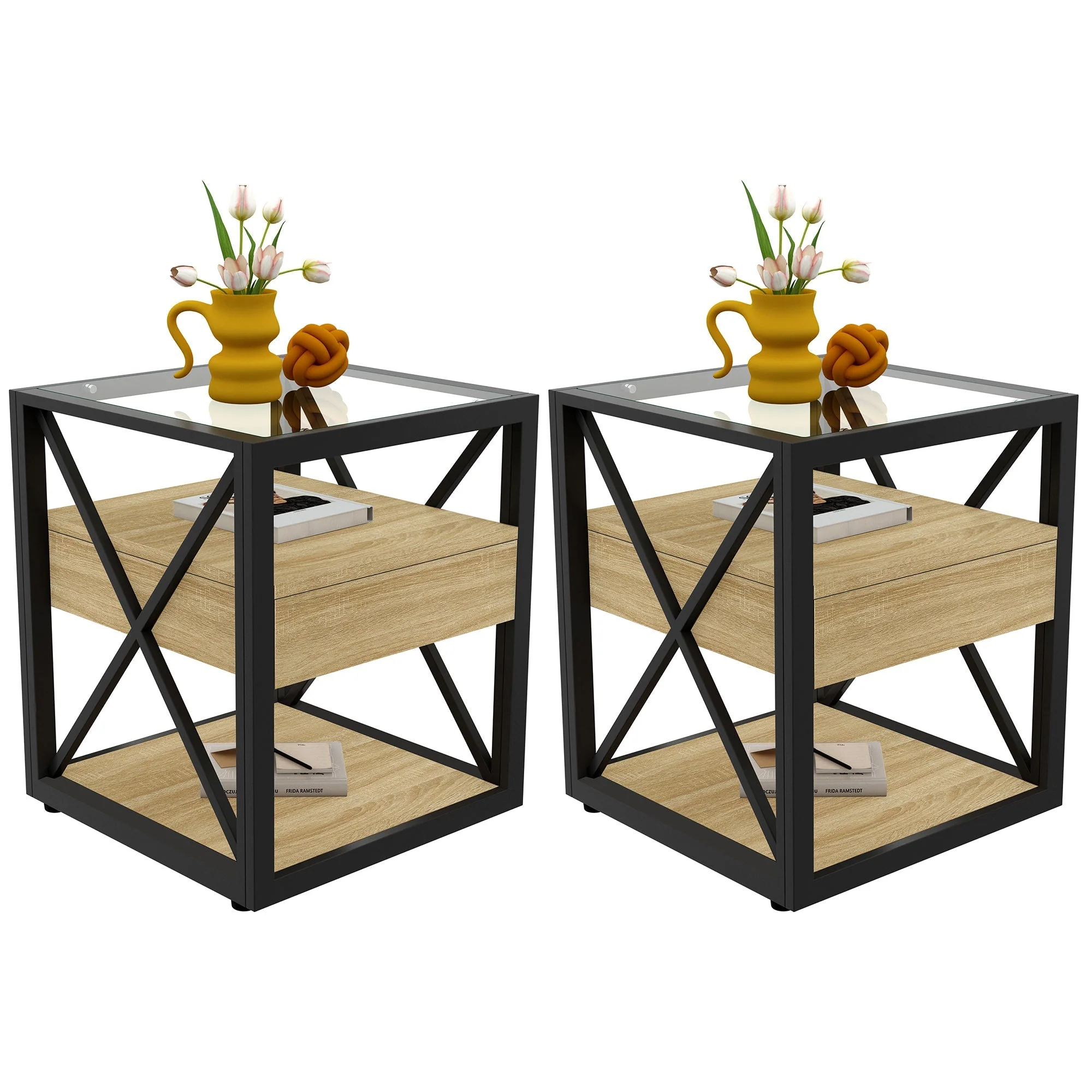 Soft Set of 2 Modern End Tables with Drawer – Nightstands for Bedroom Living Room Official