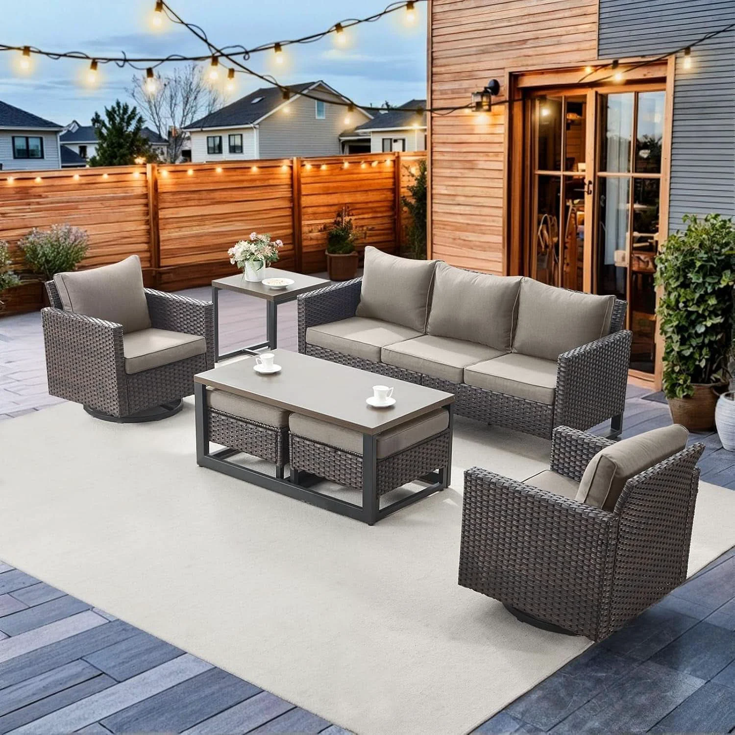 Eco-Friendly Seven Piece Outdoor Wicker Patio Furniture Set With Swivel Rockers High-Grade