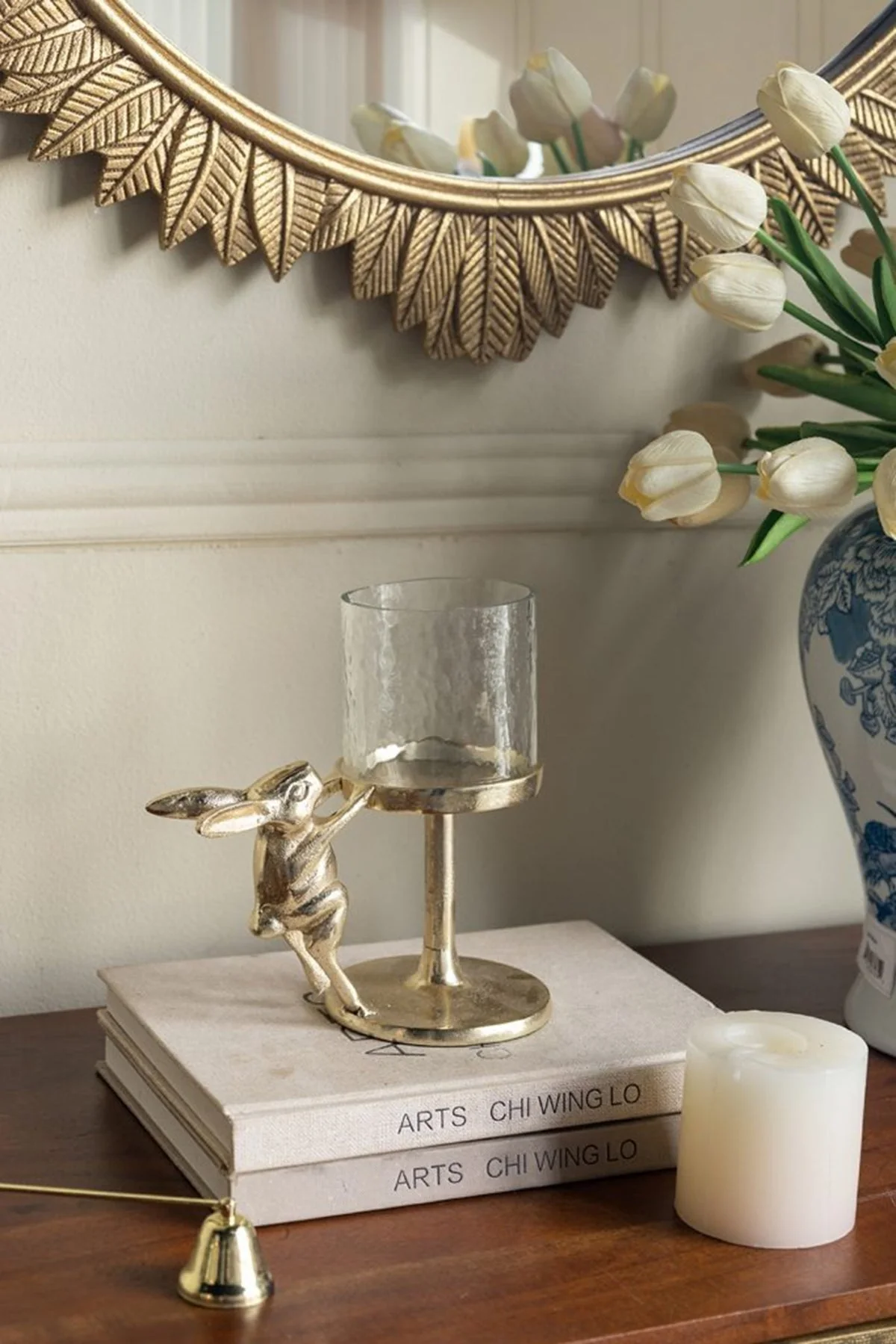 Natural 7x4x7.5′ Gold Rabbit Pillar Candle Holder with Clear Glass Hurricane Shade Exclusive