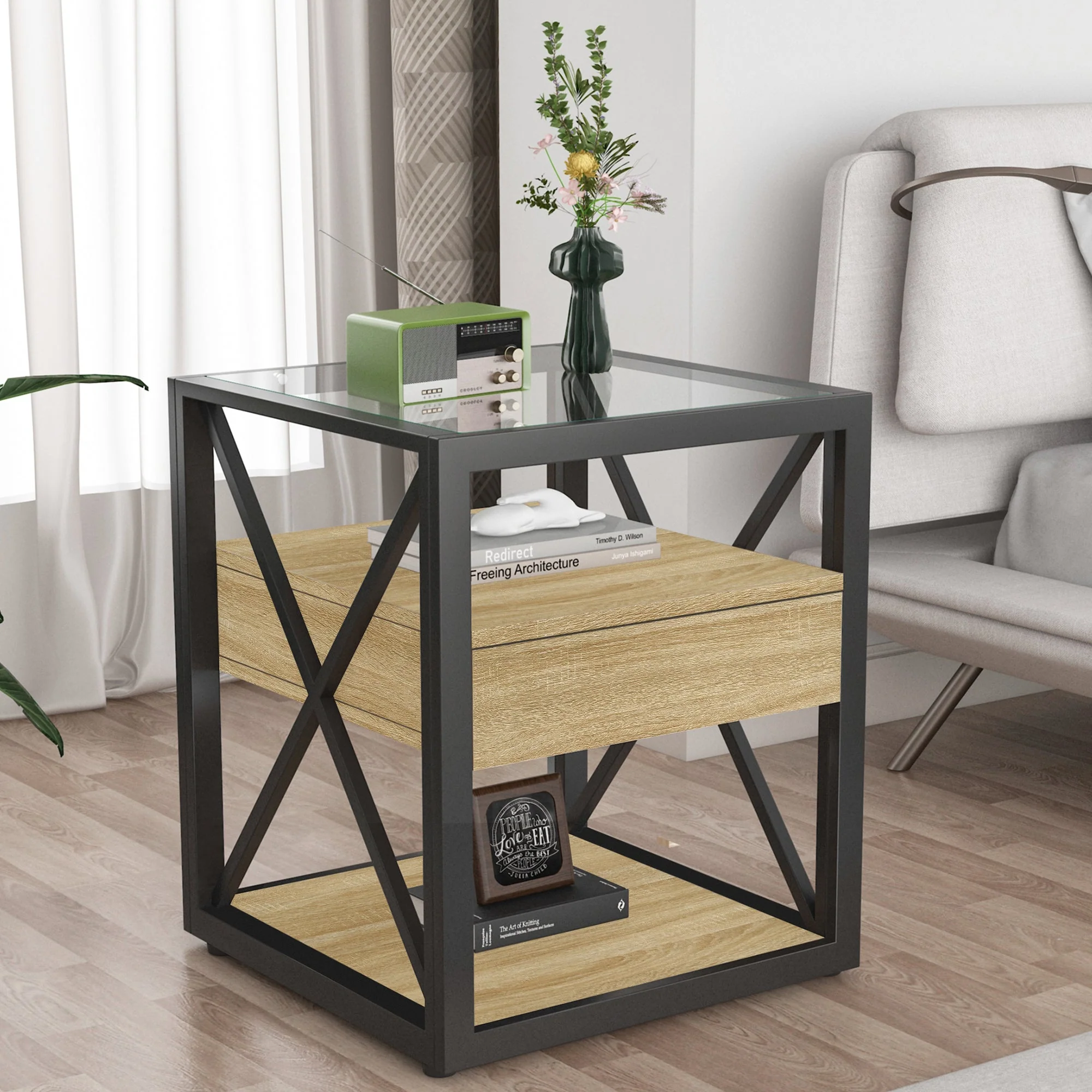 Fine Crafted 1 Piece Modern End Table with Drawer – Natural Wood Tempered Glass Secure