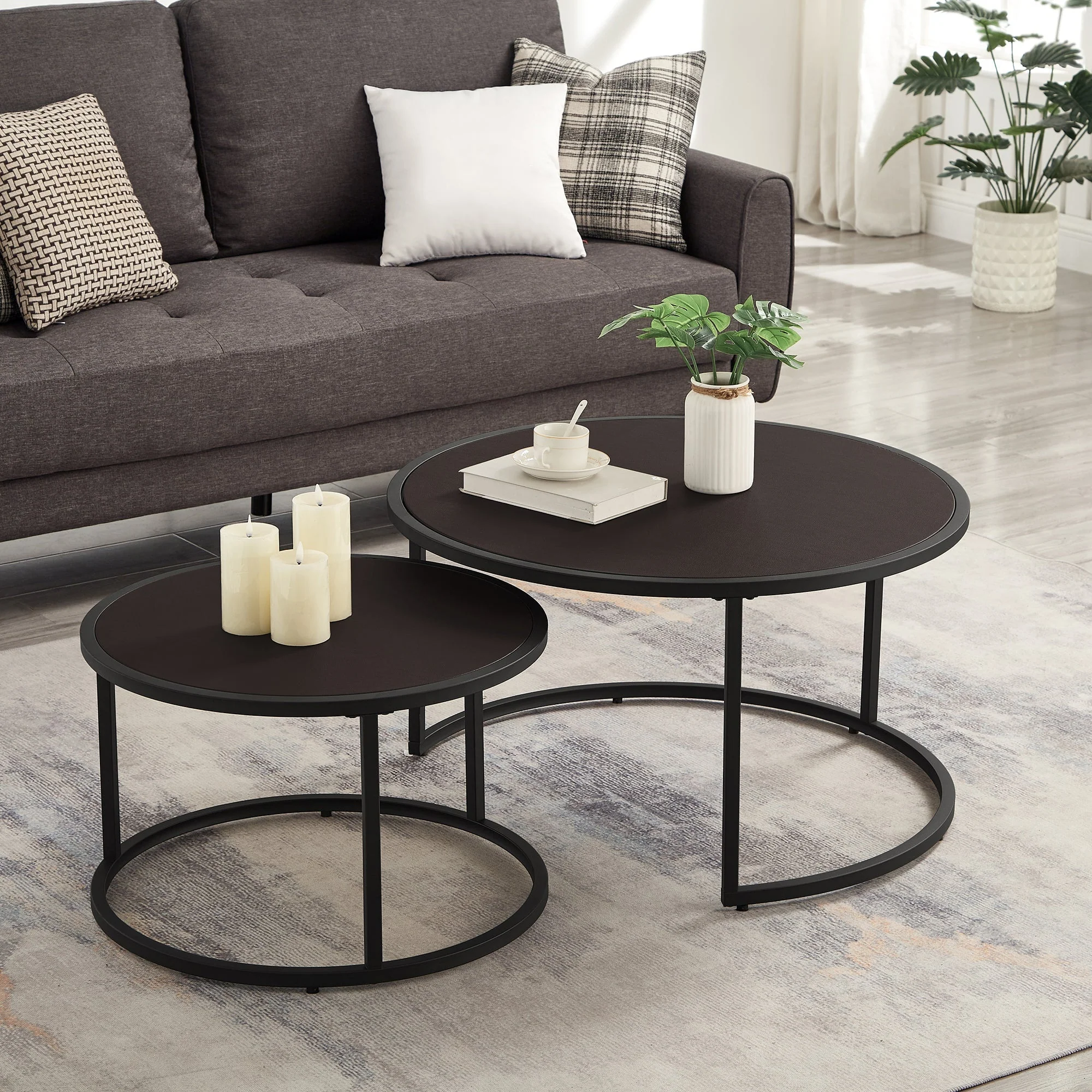 Advanced Modern Faux Leather Nesting Round Coffee Table Set – Dark Brown Long-Lasting