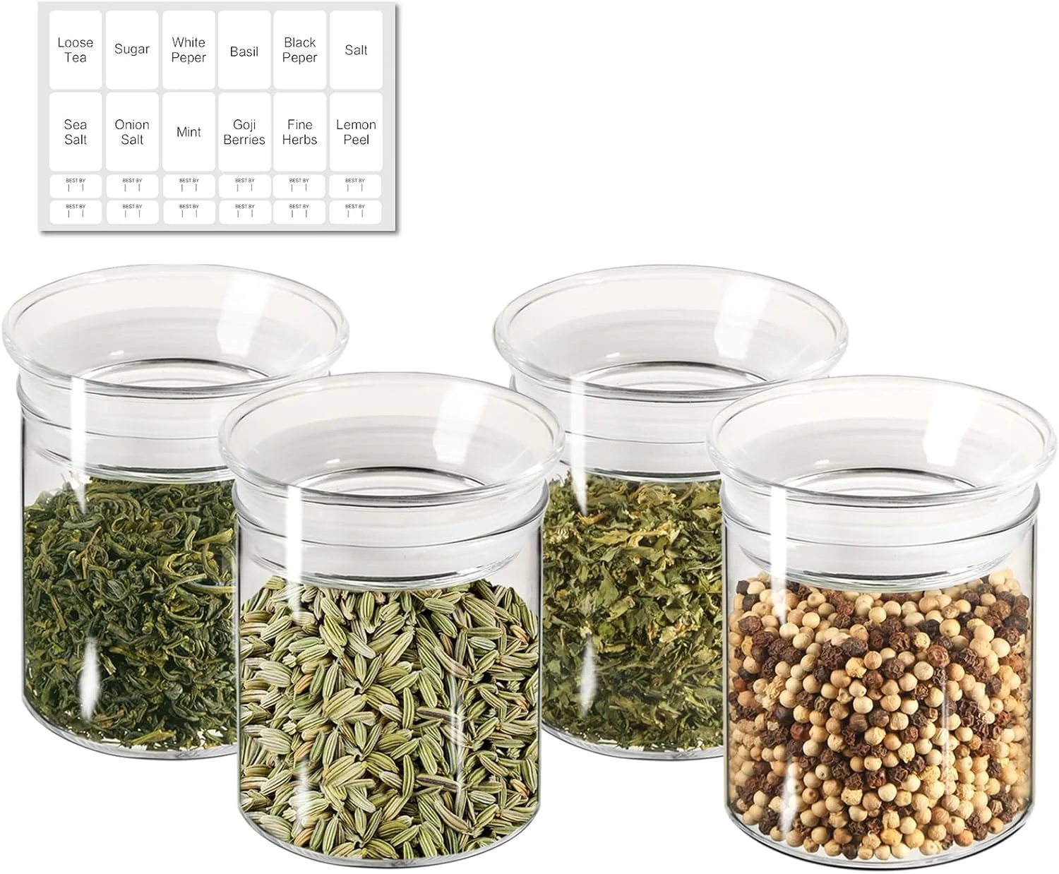 Breathable ZENS 10oz Glass Jars with Airtight Lid 4 Pack Glass Kitchen Canisters Set for Spice Loose Tea Small Clear Glass Storage Jars with Labels for Herbs Sugar Borosilicate Clear Glass Canisters Set for Spice Small Tea Jars for loose Tea with Labels for H Exceptional