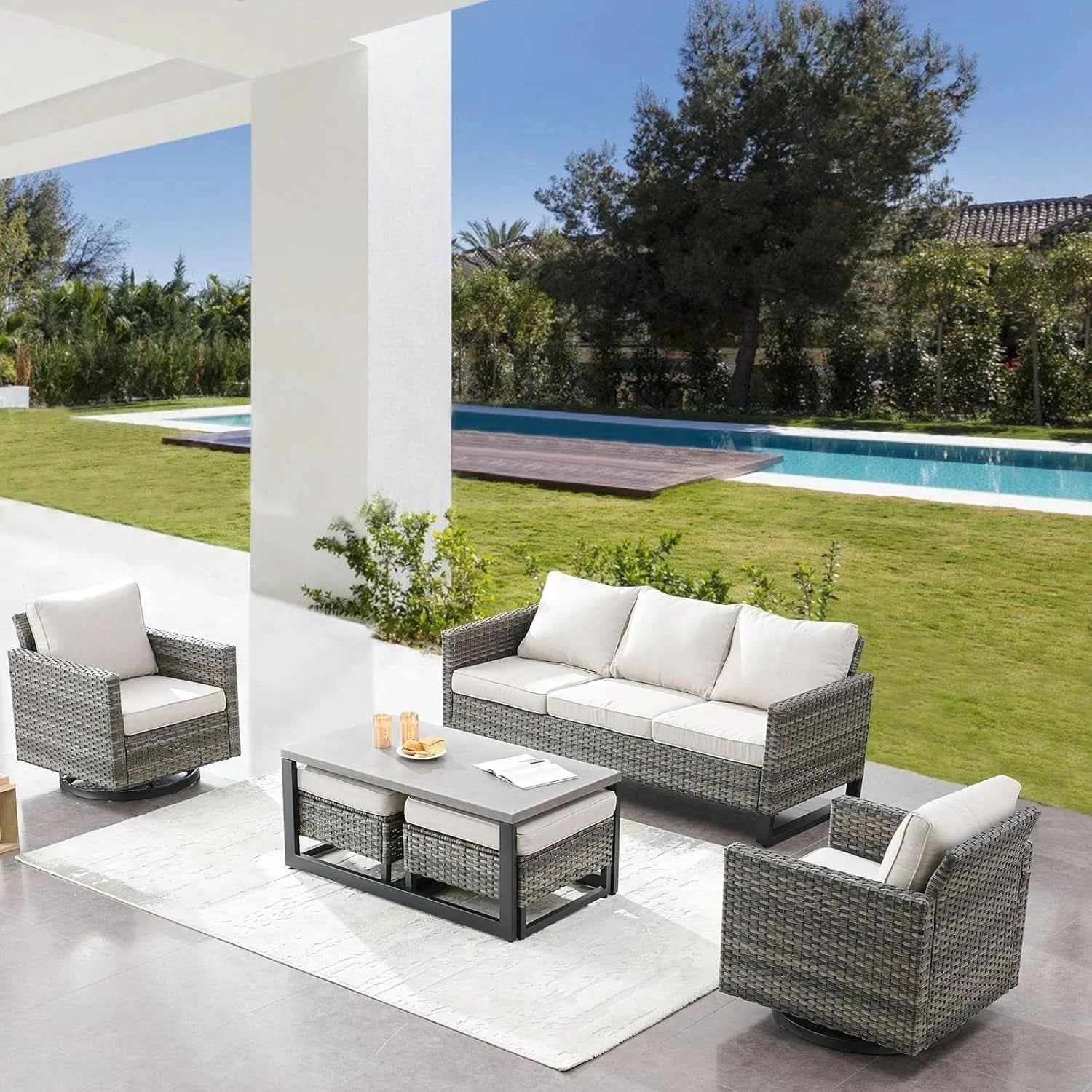 World-Class Oversize Outdoor Wicker Patio Sofa Set With Swivel Chairs Innovative