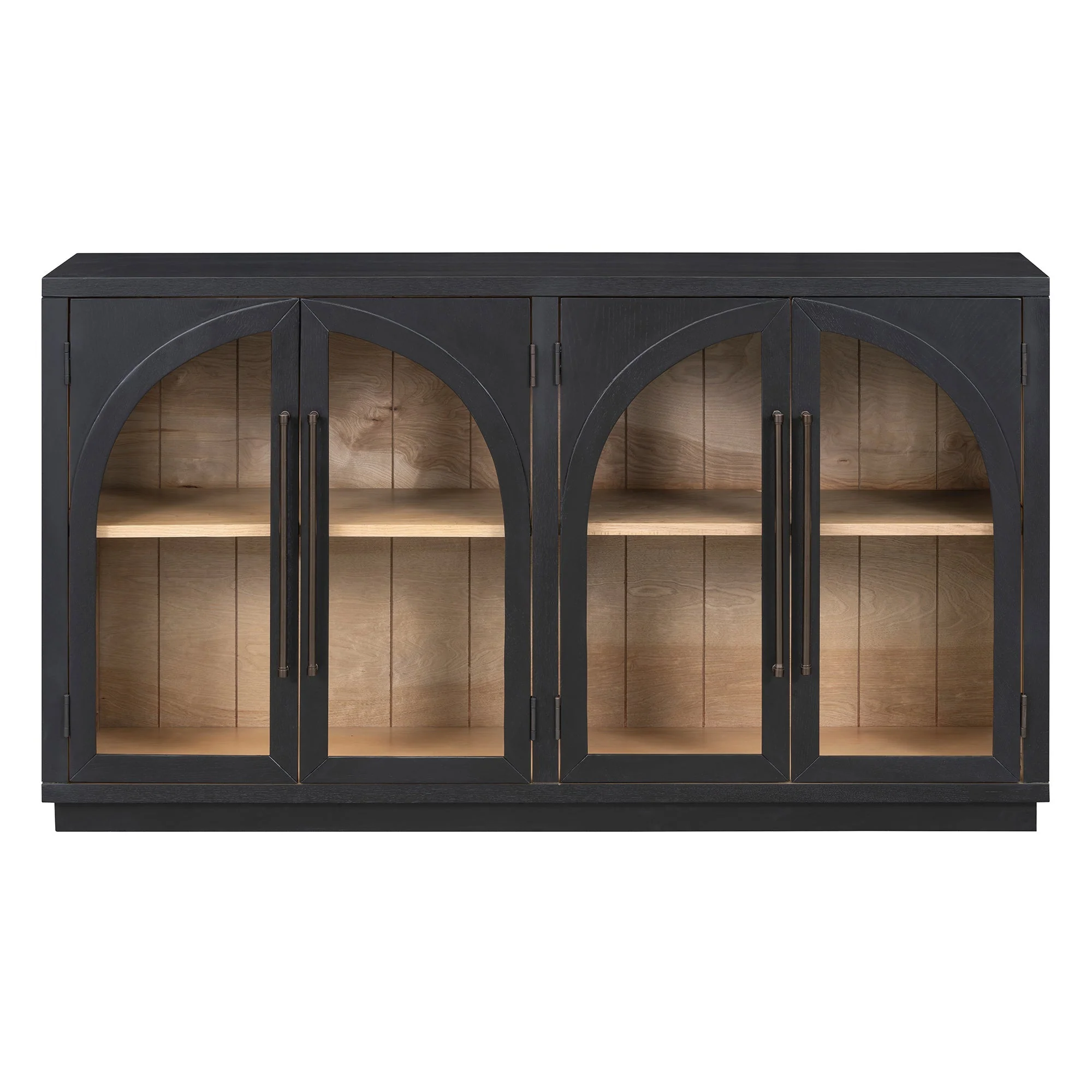Quality 4-Door Large Storage Sideboard Buffet Cabinet with Glass Doors Arched Cabinet Black Prestigious