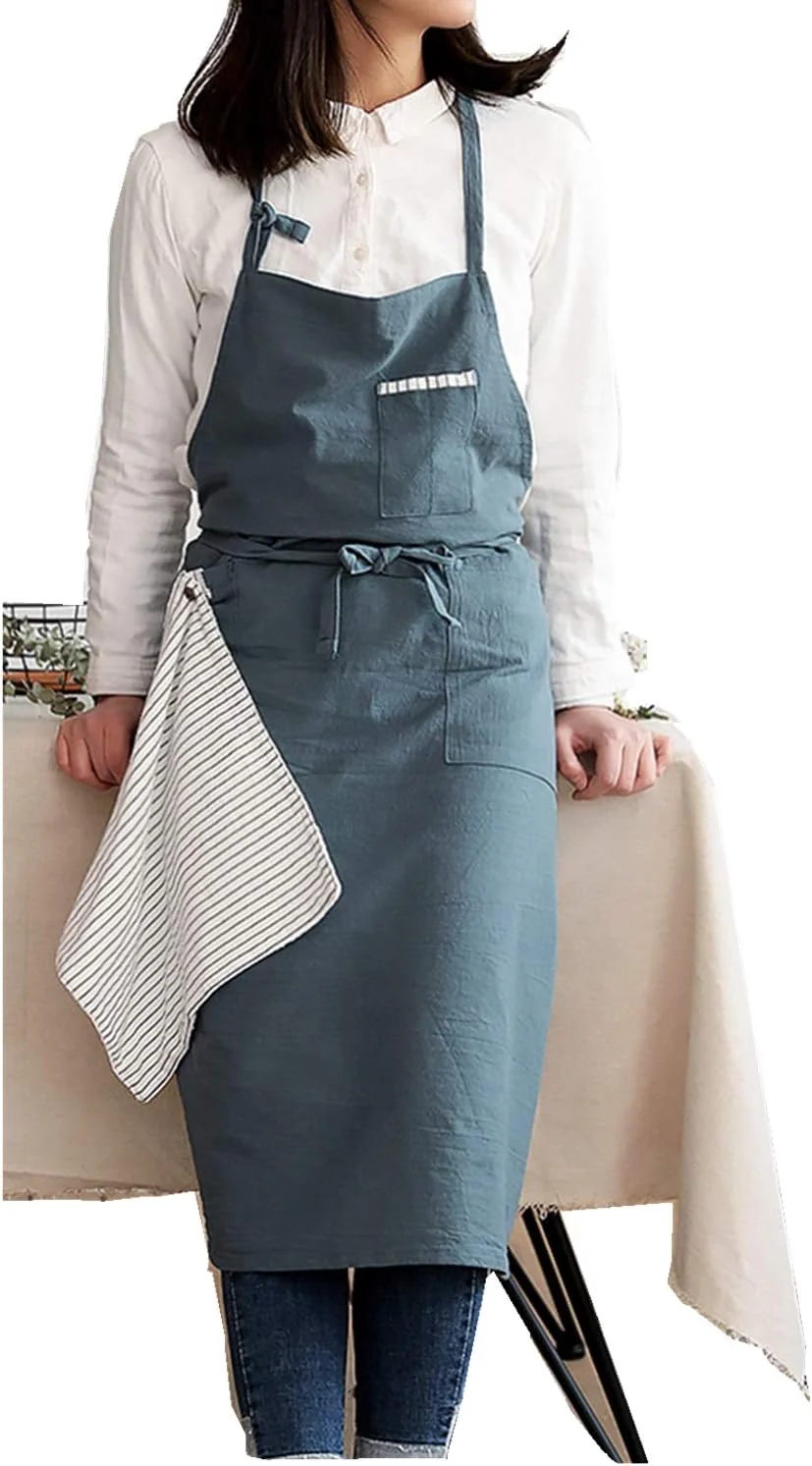 Top-Quality Adjustable Japan Nordic Style Soft Cotton Linen Apron with Four Pockets A Towel Green