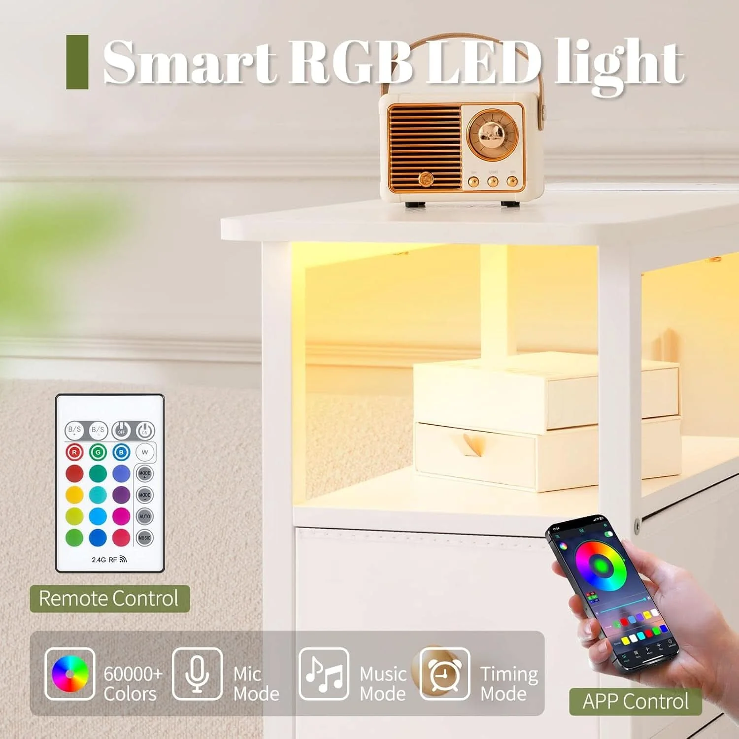 Powerful LED Narrow Nightstand With Wireless Charging White Effective