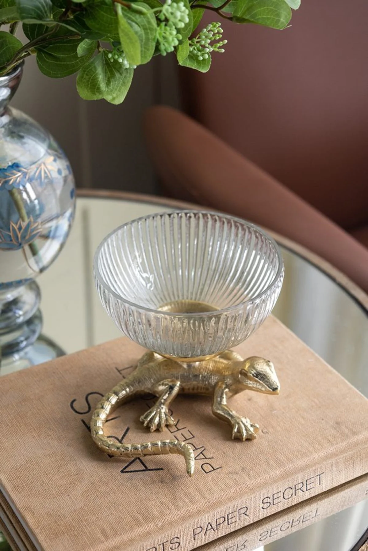 Unique 5x5x4.5′ Gold Lizard Pedestal Bowl with Ribbed Glass Dish Selected