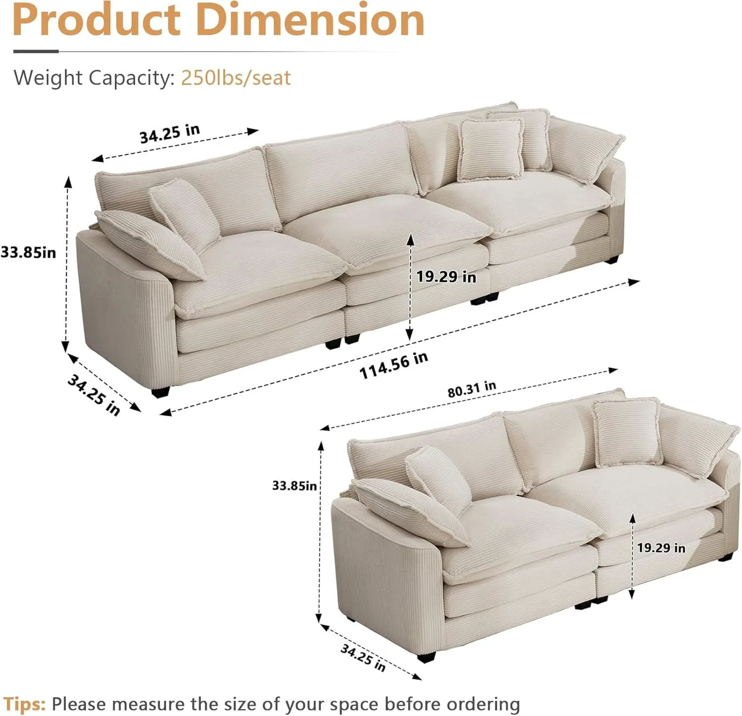 Soft Oversized 2 Piece Sofa Set Beige 3 Seater And Loveseat Eco-Friendly