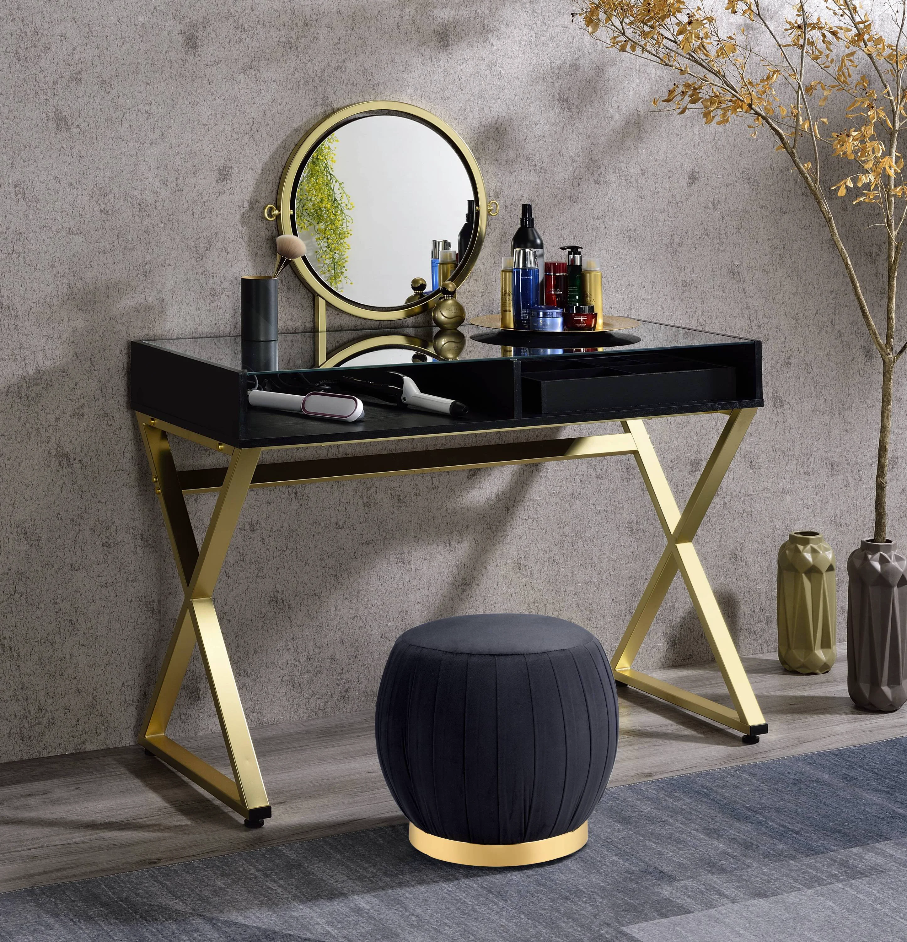 Convenient Black Gold Finish Vanity Desk Sophisticated