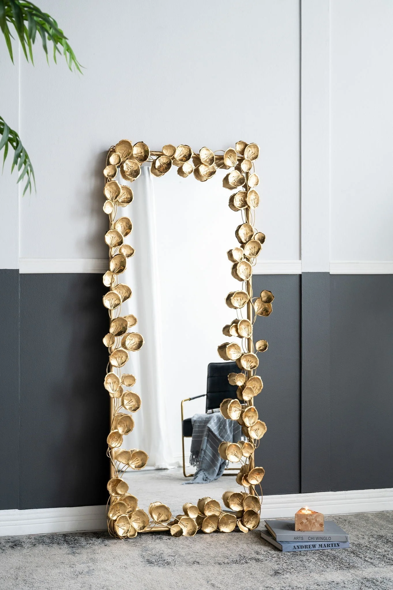 Functional Full Length Mirror with Gold Leaf Accents Flexible