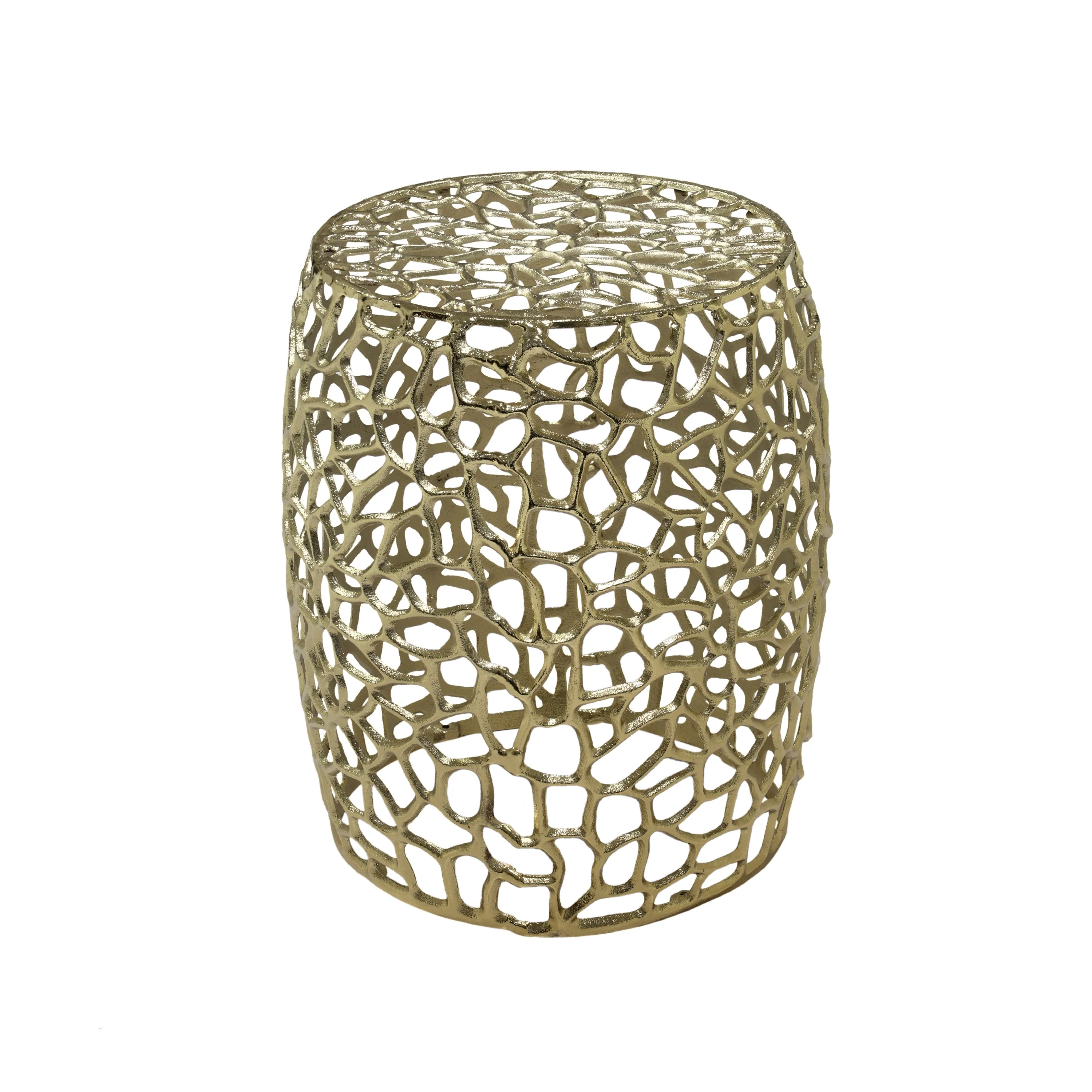 Sophisticated Aluminum Drum End Table with Intricate Design in Gold Versatile