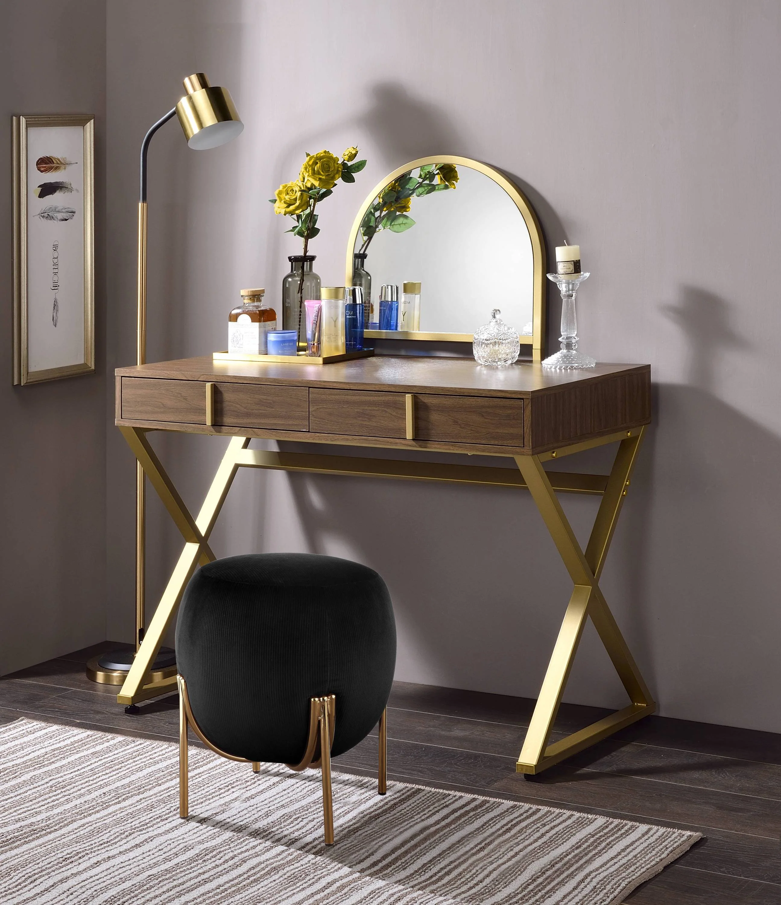 Durable Coleen Walnut Gold Finish Vanity Desk with Mirror Jewelry Tray Elegant
