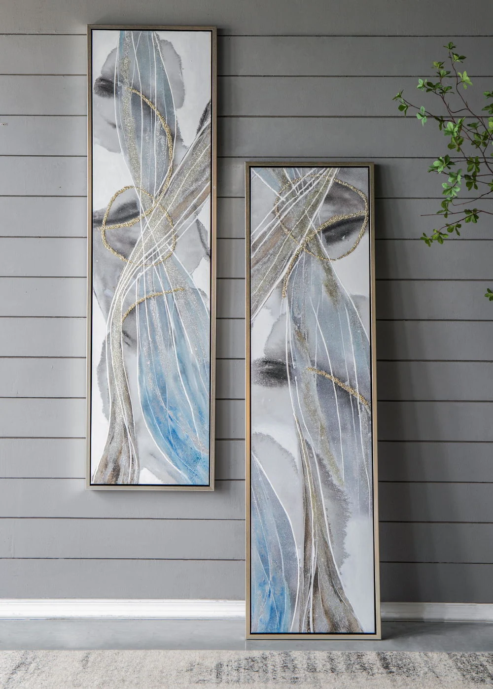 Effective Elongated Modern Abstract Oil Paintings Wall Art Set of 2 Detailed