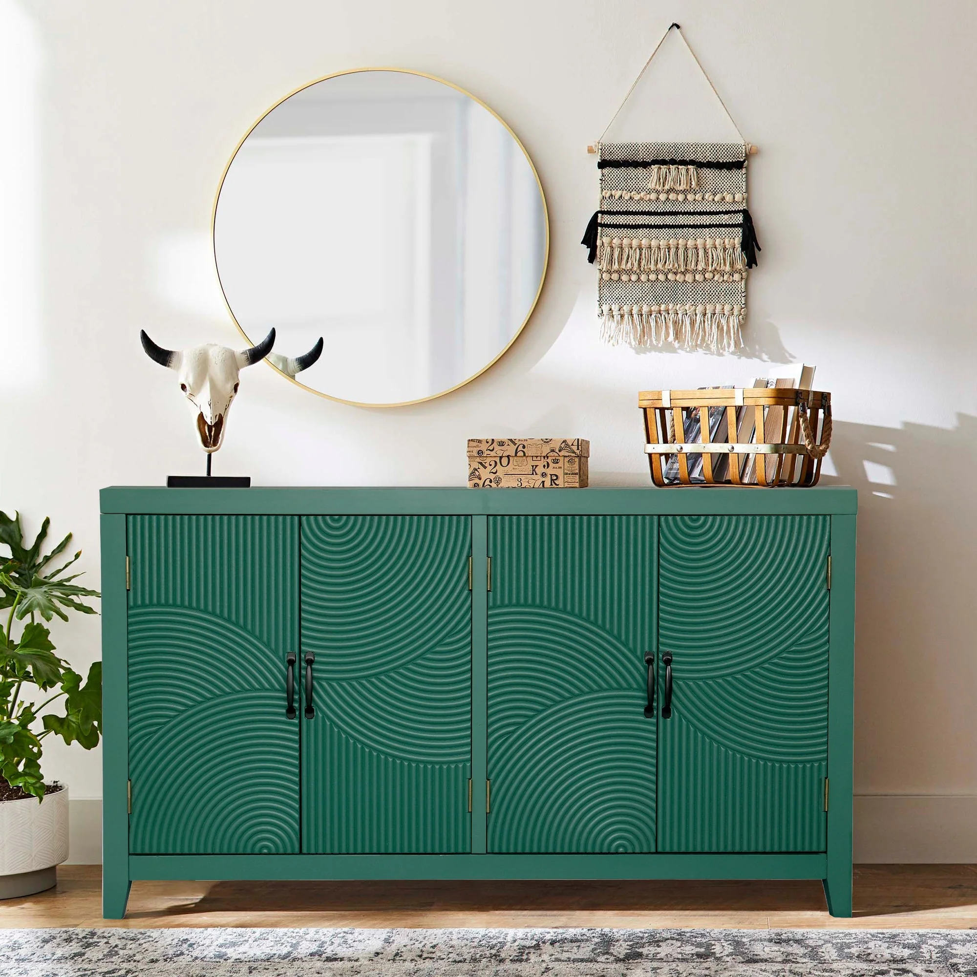 High-Quality 59in Green Accent Cabinet with 4 Doors Mid Century Modern Buffet Elite