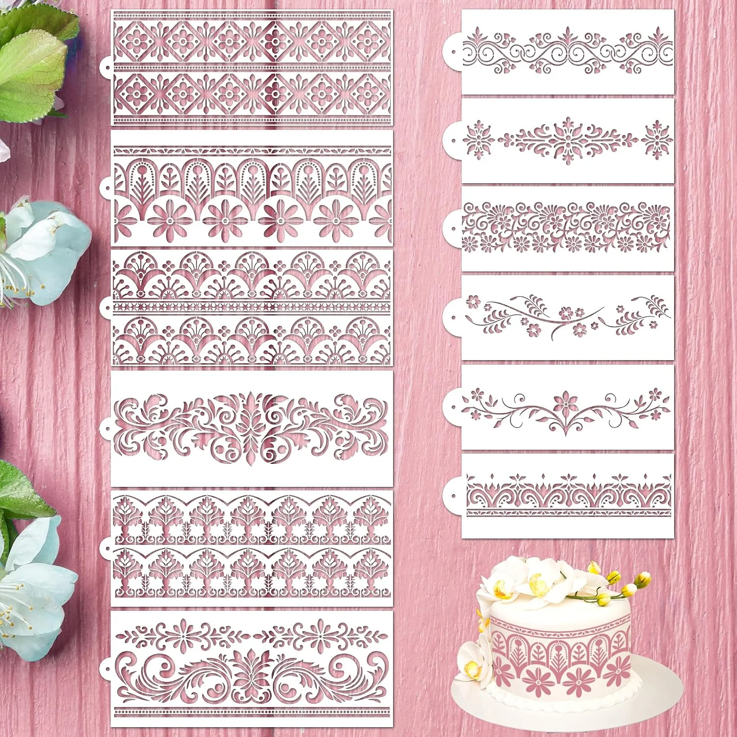 Enhanced Sitsink Cake Stencils Decorating for Baking – 12 Pcs Reusable Floral Border Stencils Mexican Art Flower Lace Stencil Buttercream Templates for Painting on Wood Crafts Excellent