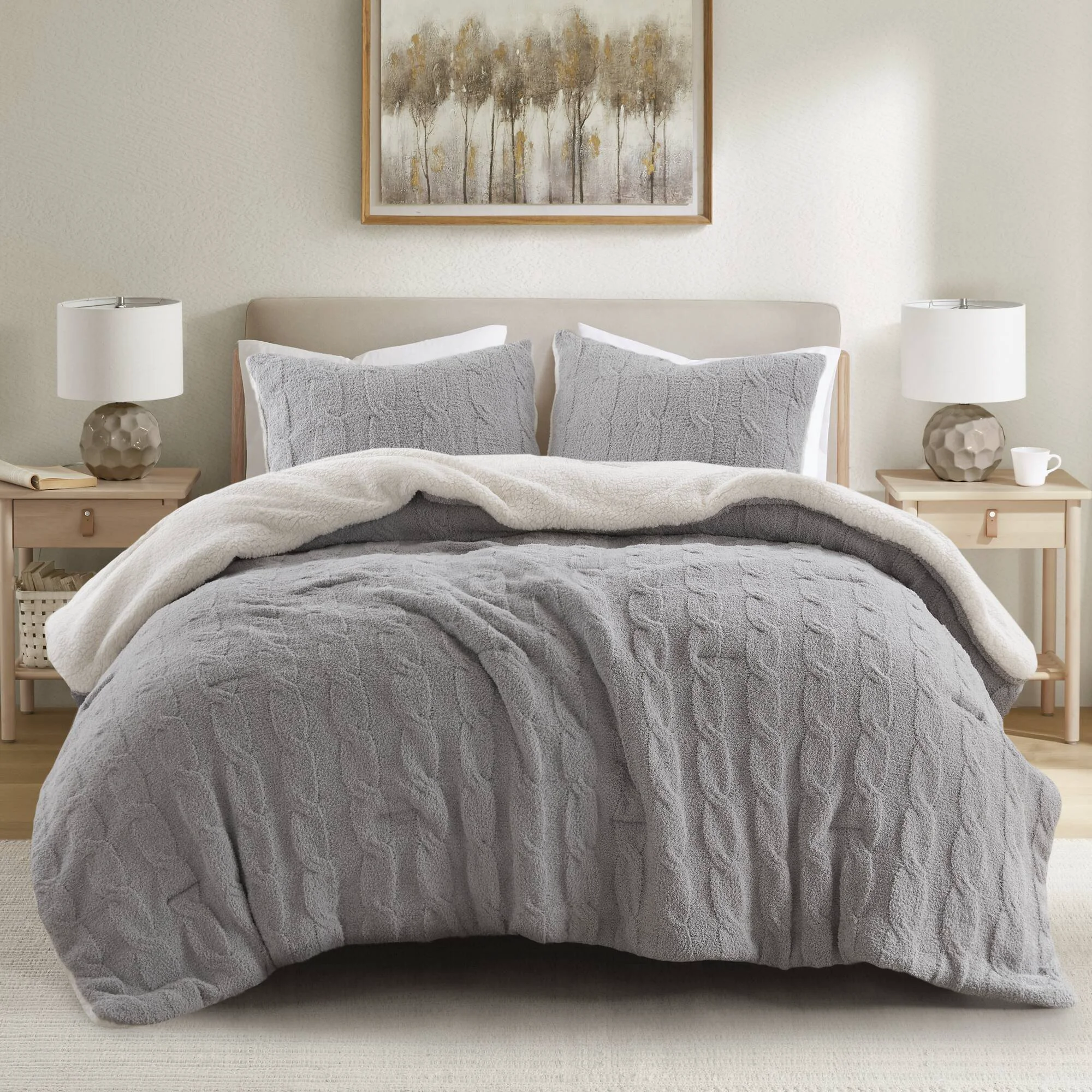 Dependable 3 Pieces Full Queen Cable Knit Chenille Comforter Set Gray Versatile