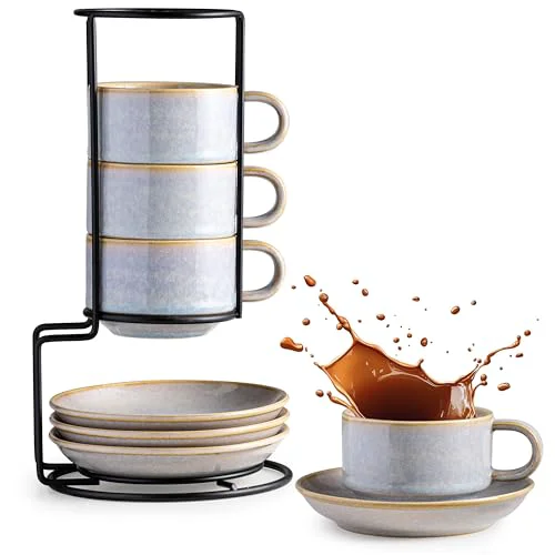 Official 6oz Stackable Cappuccino Cups Set of 4 with Saucers Stand 9.99 Count Responsible