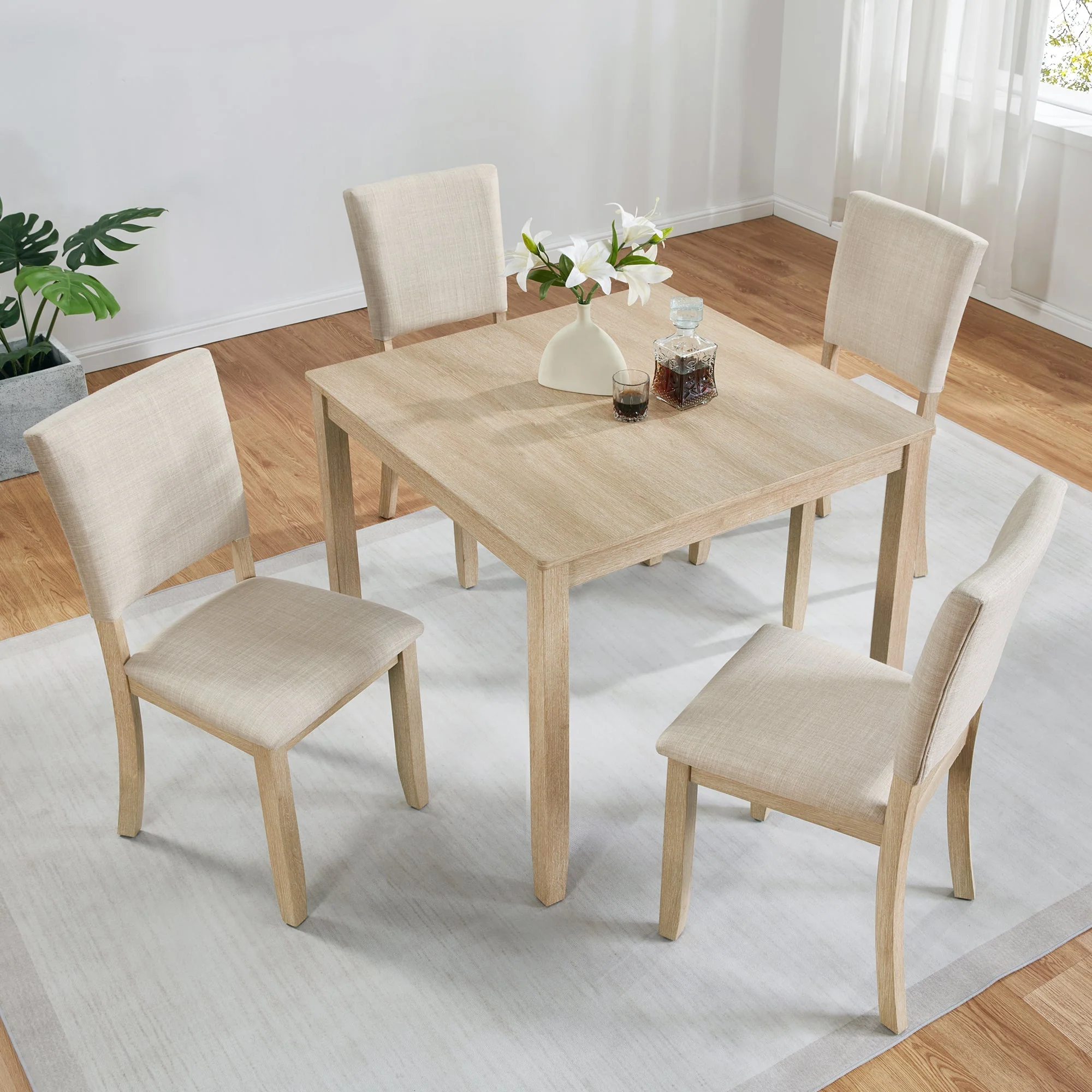 Traditional Modern 5-Piece Wooden Dining Table Set for 4 People in Light Oak Smooth